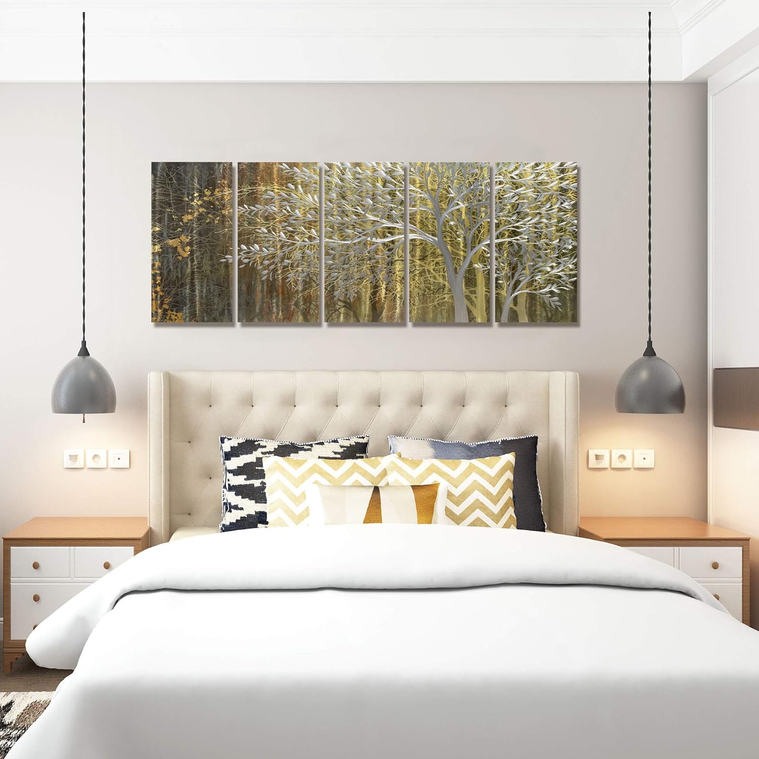 BATRENDY ARTS Large Metallic Tree Wall Art Handcrafted Silver Hanging Designs Multi-panel Indoor and Outdoor Decorative Painting 32Wx64L