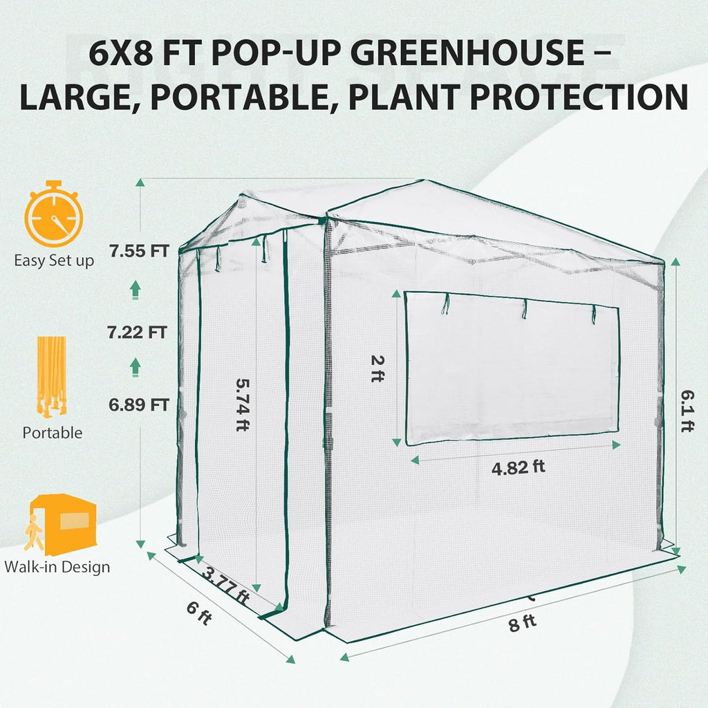 EAGLE PEAK Instant Pop-up Greenhouse, Indoor Outdoor Plant Gardening Green House, Roll-Up Zipper Doors and Side Windows, Walk in 8x6 ft, White/Clear