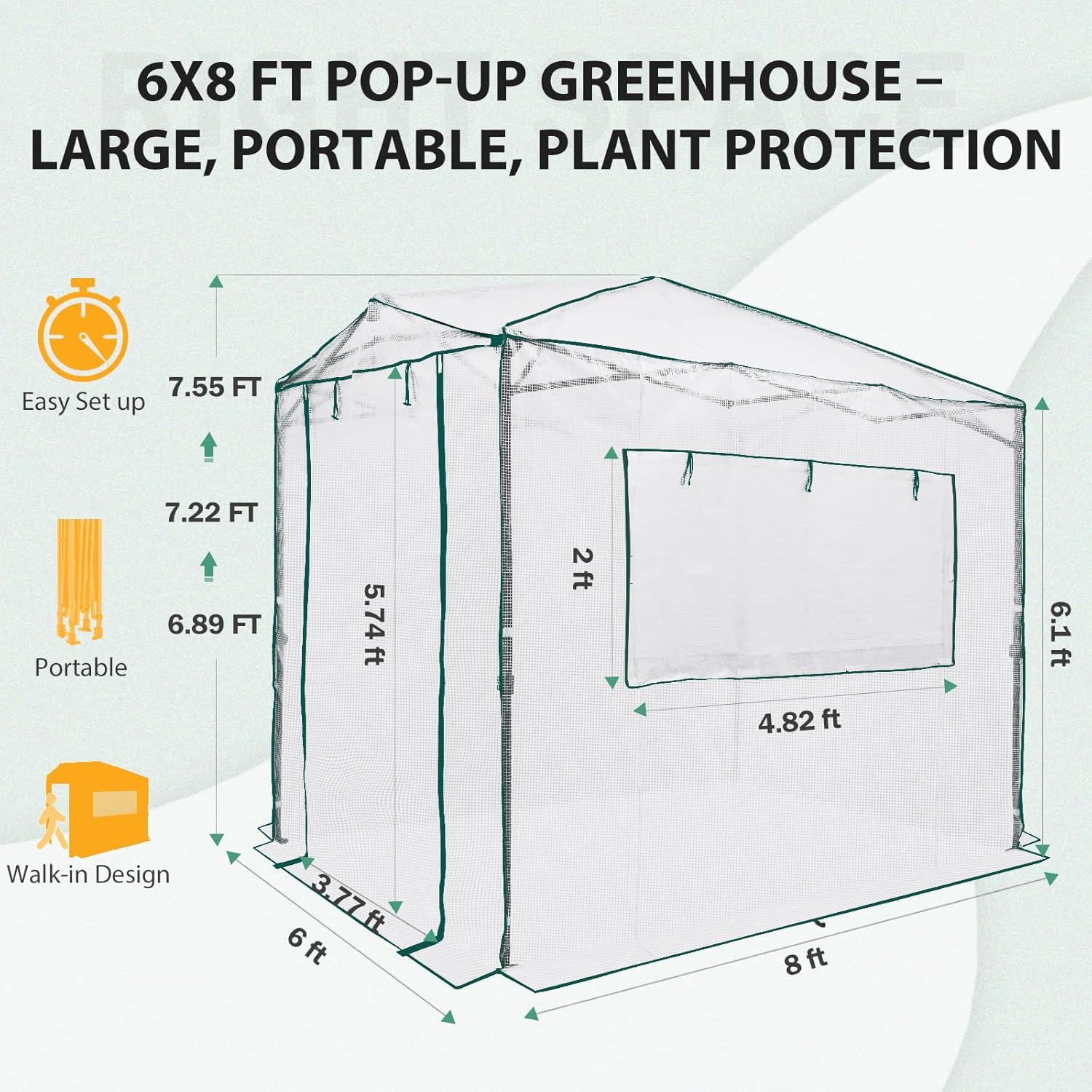 EAGLE PEAK Instant Pop-up Greenhouse, Indoor Outdoor Plant Gardening Green House, Roll-Up Zipper Doors and Side Windows, Walk in 8x6 ft, White/Clear