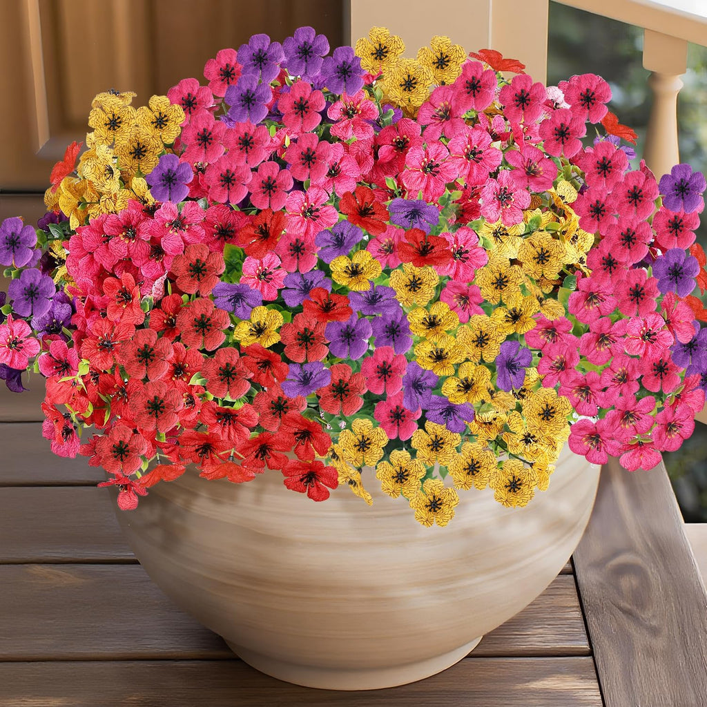 14 Bundles Artificial Flowers UV Resistant for Patio Outdoors Fake Faux Silk Plants Realistic Plastic Flowers Indoors Porch Window Home Decoration (14, Mixed Fuchsia Purple Yellow Red)