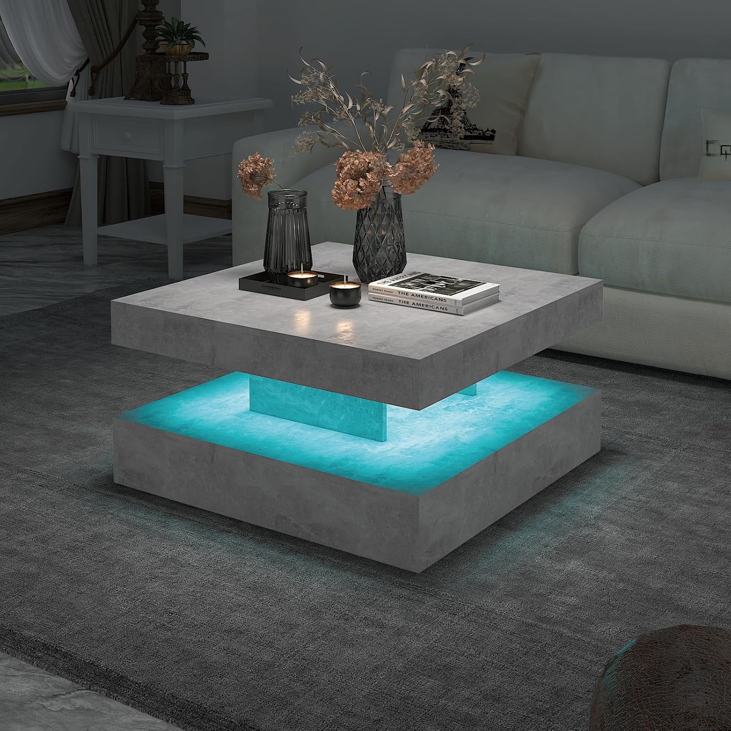 Grey LED Coffee Table for Living Room, Living Room Table 2-Tier Square Middle Center Table, Modern Coffee Tables with Storage, Contemporary Wood Tea Tables for Dining Reception