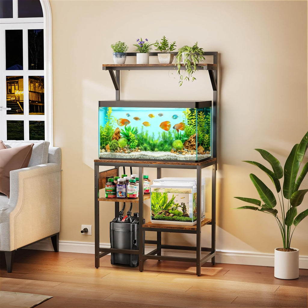 20-29 Gallon Fish Tank Stand with Power Outlet, Metal Aquarium Stand with Filter Storage, 6-Leg Reptile Tank Stand with 3-Tier Adjustable Storage Shelves and roof Support (20-29 Gallon)