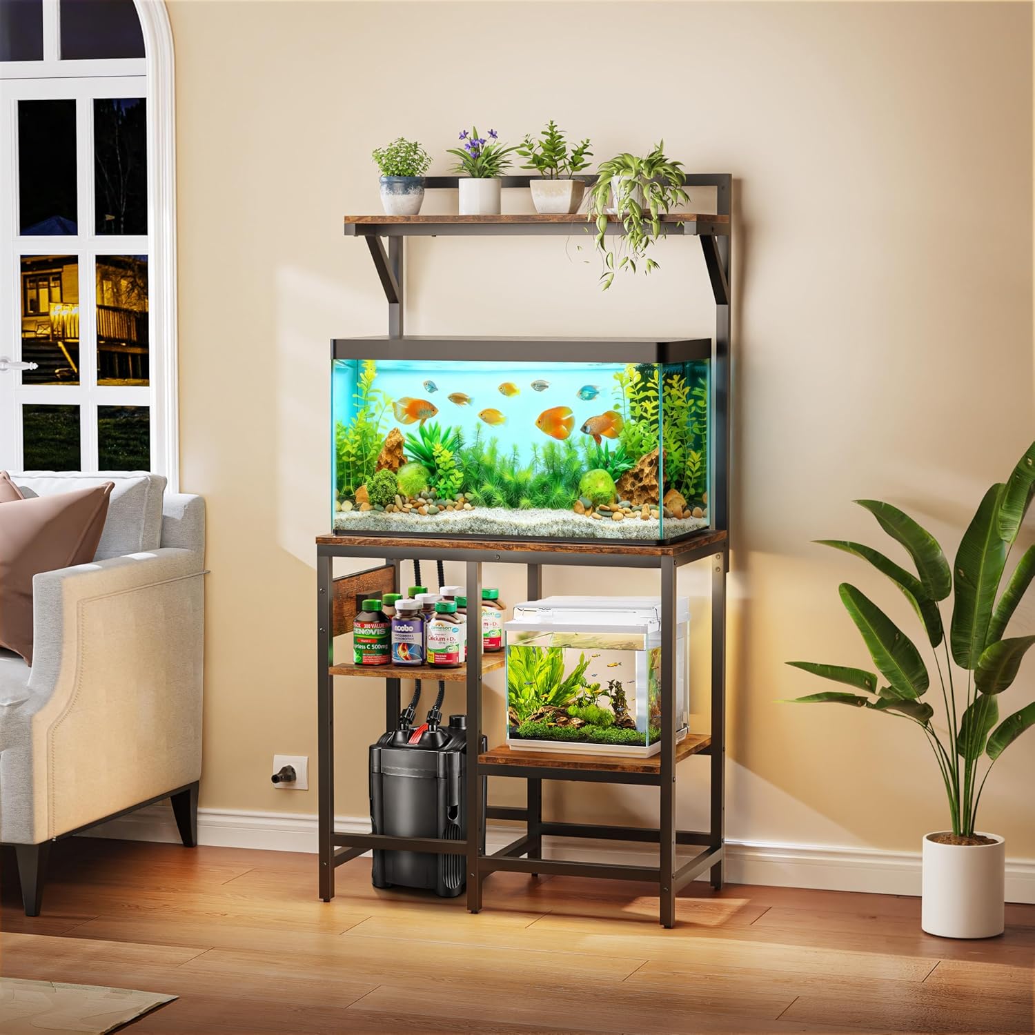 20-29 Gallon Fish Tank Stand with Power Outlet, Metal Aquarium Stand with Filter Storage, 6-Leg Reptile Tank Stand with 3-Tier Adjustable Storage Shelves and roof Support (20-29 Gallon)