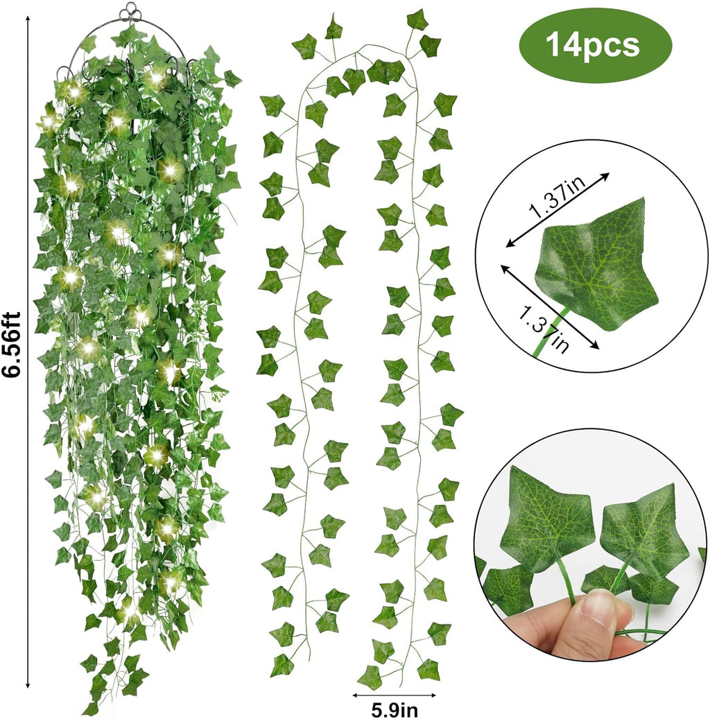 CEWOR 14 Pack 98 Feet Fake Ivy with Lights, Artificial Garland with 100 LED String Lights Greenery Hanging Plant Vine for Bedroom Wall Decor Wedding Party Room Aesthetic Stuff