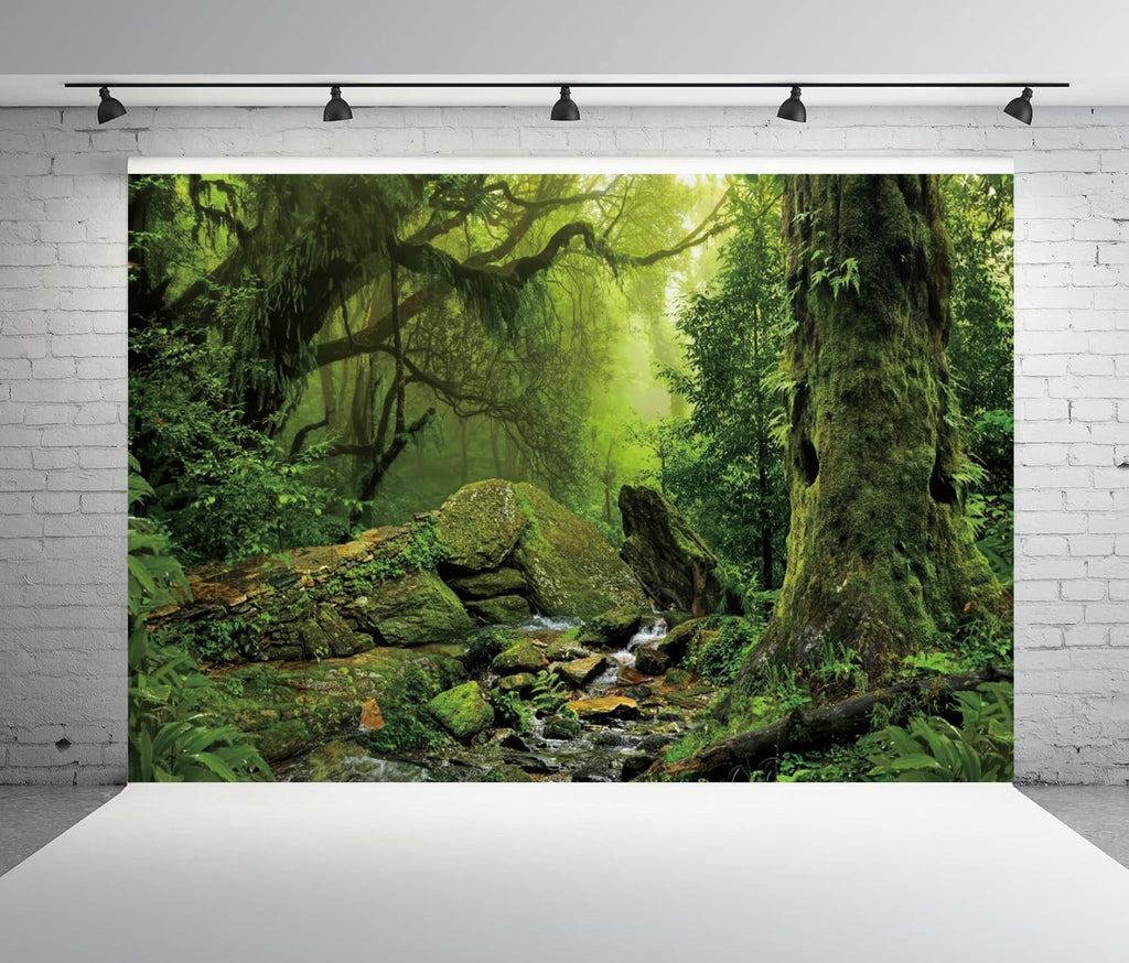 Enchanted Forest Backdrop 7x5ft Foggy Jungle Rainforest Mossy Trees Creek Nature Scenic Backdrop Fairytale Virgin Forest Backdrops for Wild One Safari Birthday Baby Shower Wedding VBS Party Decor