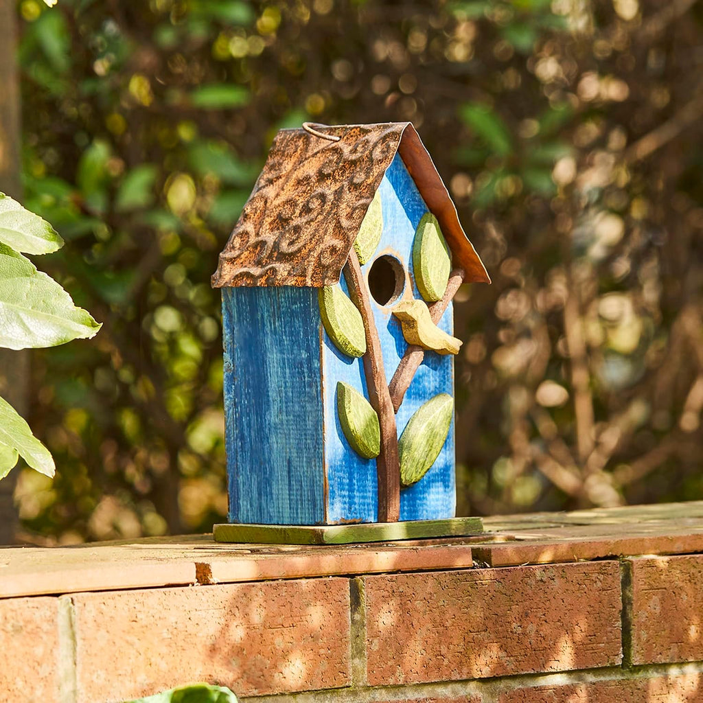 Glitzhome 9.84 Inch Bird House Distressed Leaves Wooden Garden Birdhouse for Outside