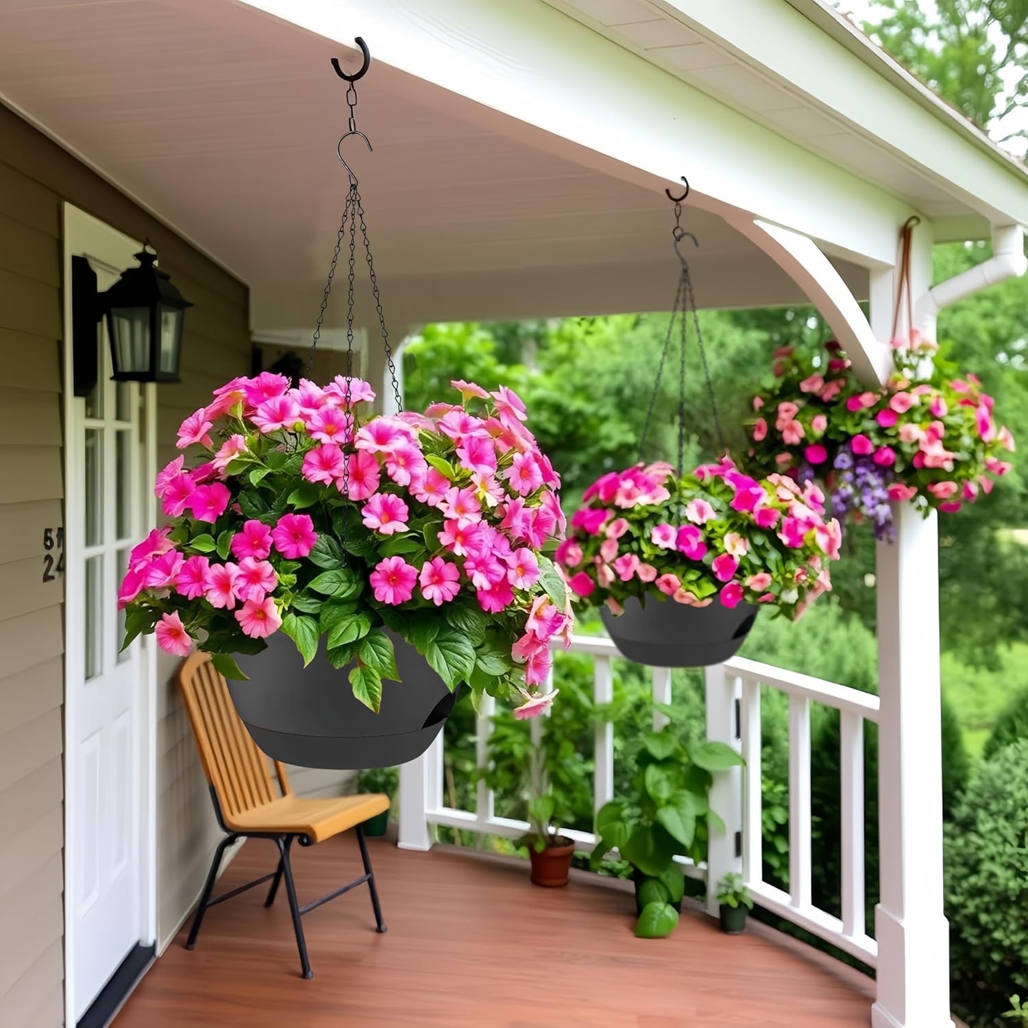 2 Pack 12 Inch Large Hanging Planters with Chains Self Watering Black Plastic Hanging Pots for Indoor Outdoor Plants, Garden Porch Home Decor，Black