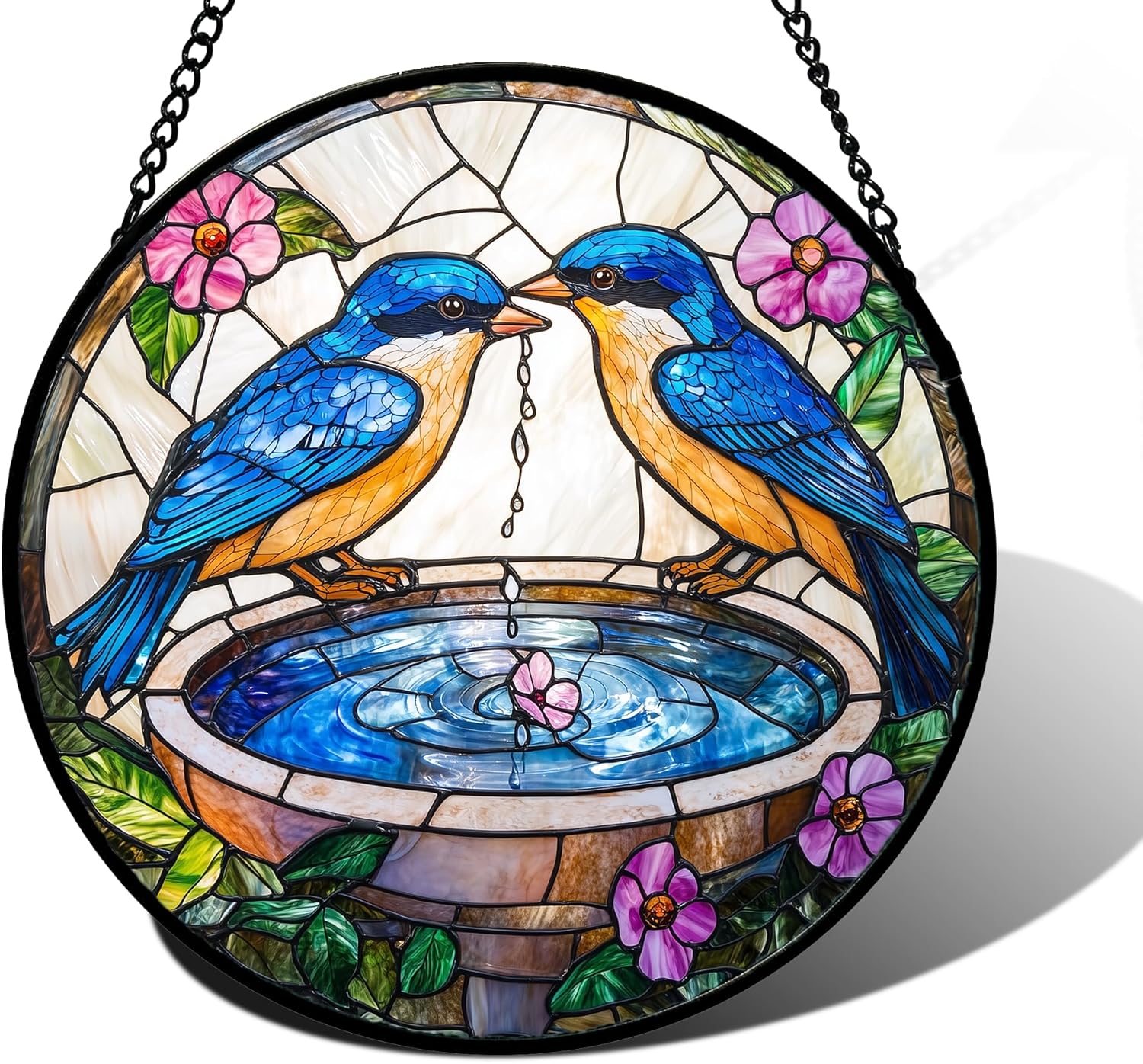 Stained Glass Window Hanging, 2 Blue Birds Suncatcher Diamond Glass Panel Hangings Bird Lover Sun Catchers Decor for Birthday for Women, Men, Wife, Aunt, and Mom 6.3 in