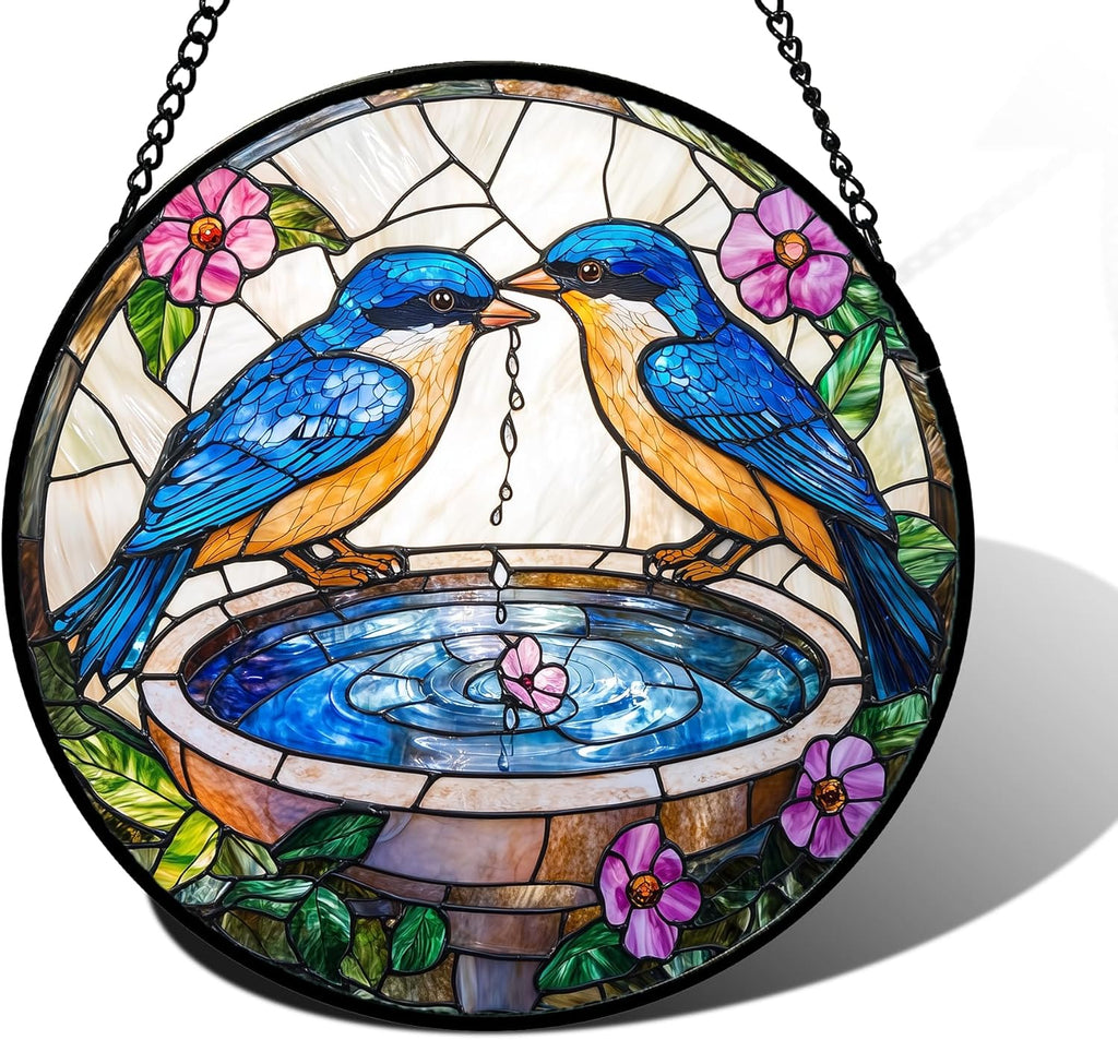 Stained Glass Window Hanging, 2 Blue Birds Suncatcher Diamond Glass Panel Hangings Bird Lover Sun Catchers Decor for Birthday for Women, Men, Wife, Aunt, and Mom 7.8 in
