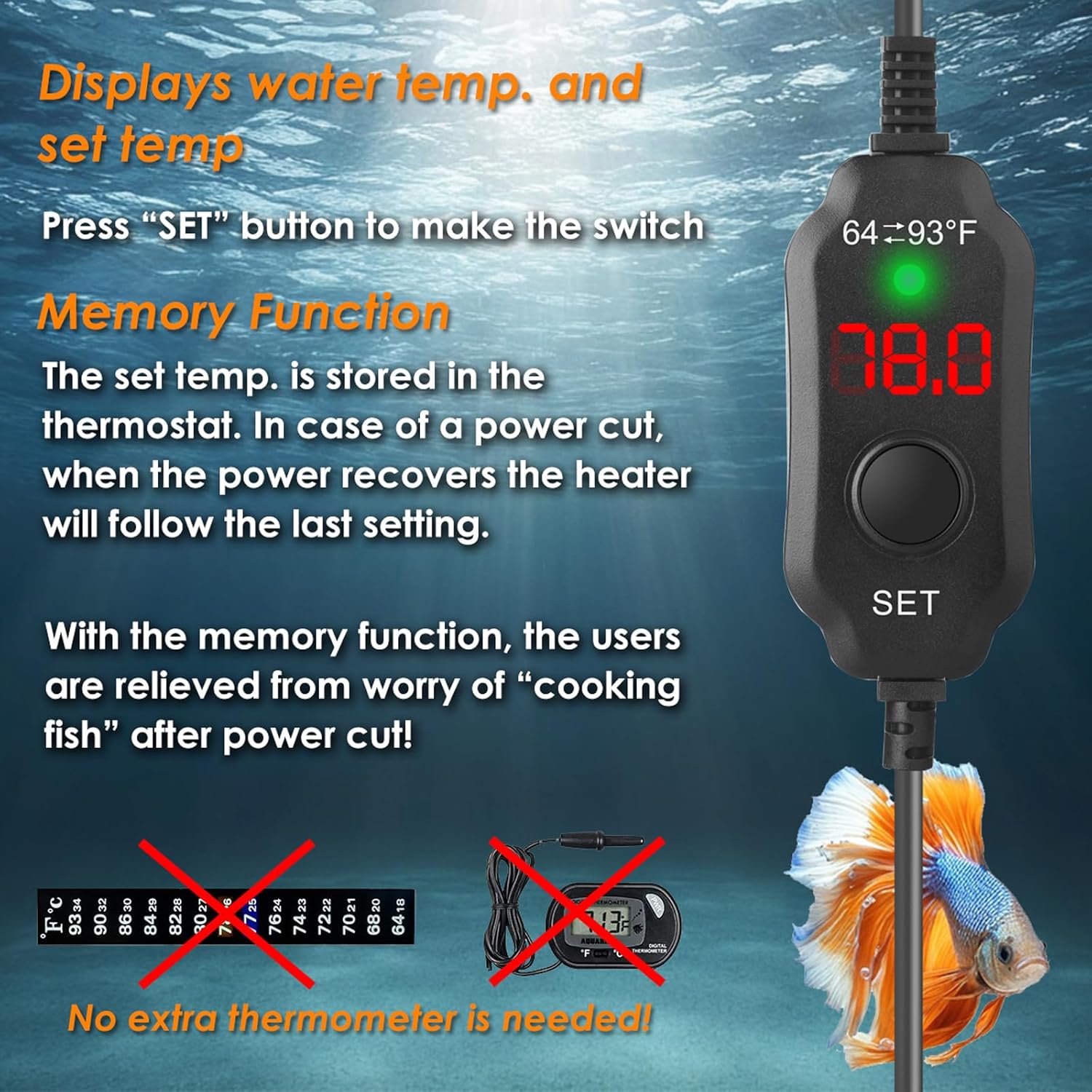 AquaMiralce 15W Aquarium Heater with Compact Size, Submersible Fish Tank Heater with LED Digital Display Thermostat, Adjustable Fish Heater Turtle Heater for 1-3 Gallon Tanks