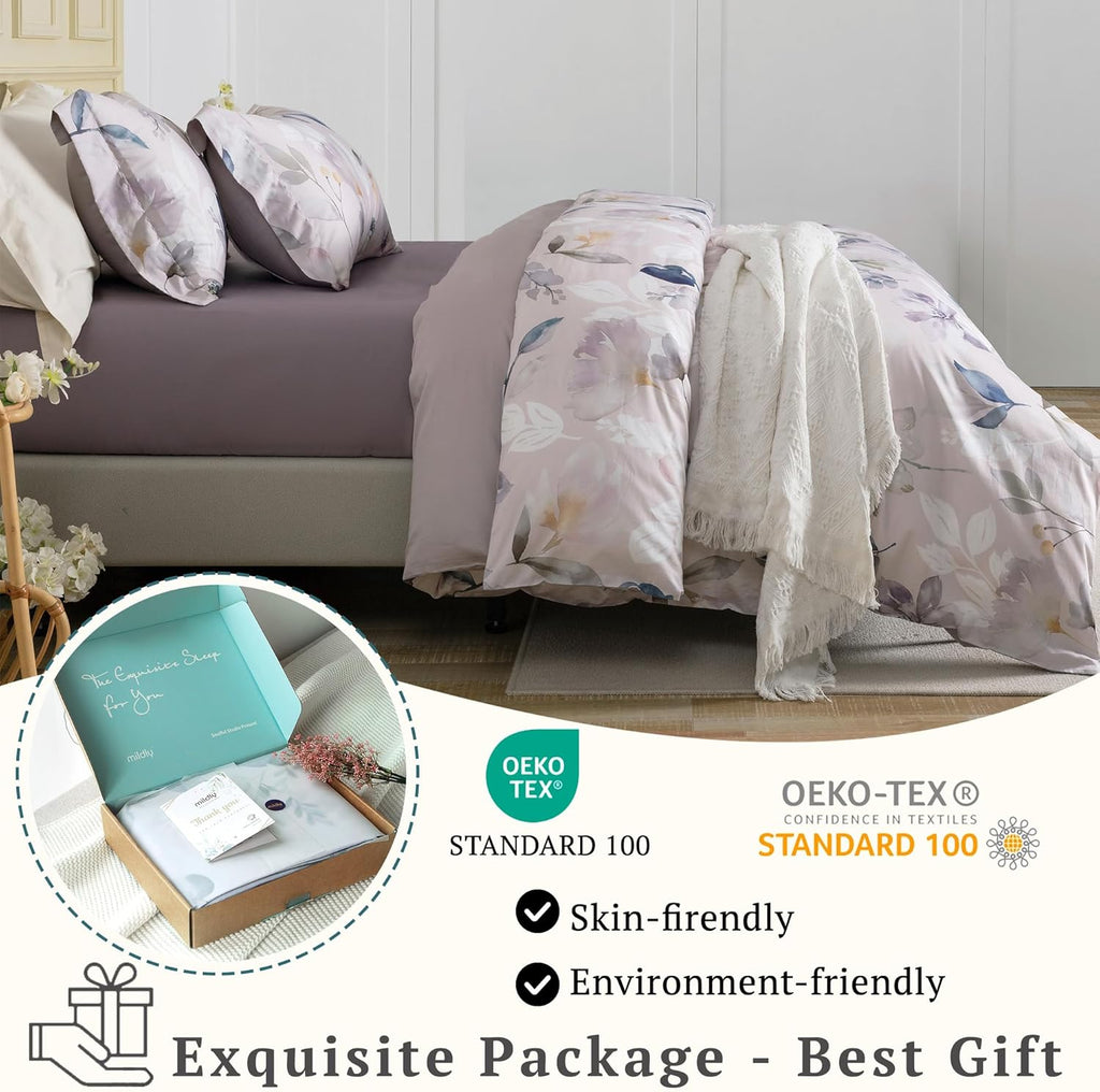 MILDLY 100% Long-Staple Cotton Duvet Cover Set Light Gray Pink Floral Leaf Pattern Printed Comforter Cover 3pcs, Ultra Soft & Breathable Bedding Set
