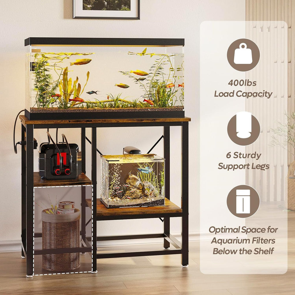 Bestier 20-29-37 Gallon Fish Tank Stand with Power Outlet, 30x13 Metal Aquarium Stand with Filter Storage, 6-Leg Reptile Tank Stand with 3-Tier Adjustable Storage Shelves, 400LBS Capacity