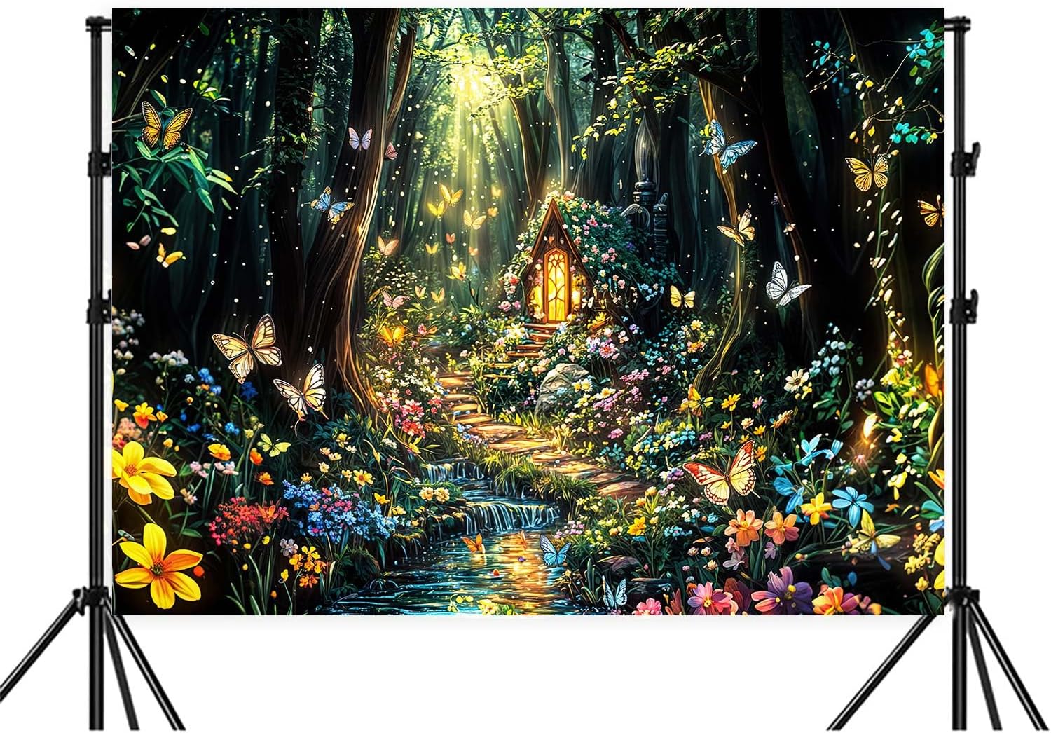 Fantasy Forest Path Backdrop Beautiful Wonderland Rainforest Floral Garden Butterfly Plant Photography Background Magic Garden Woodland Party Decorations Photo Shoot Booth Props 7X5