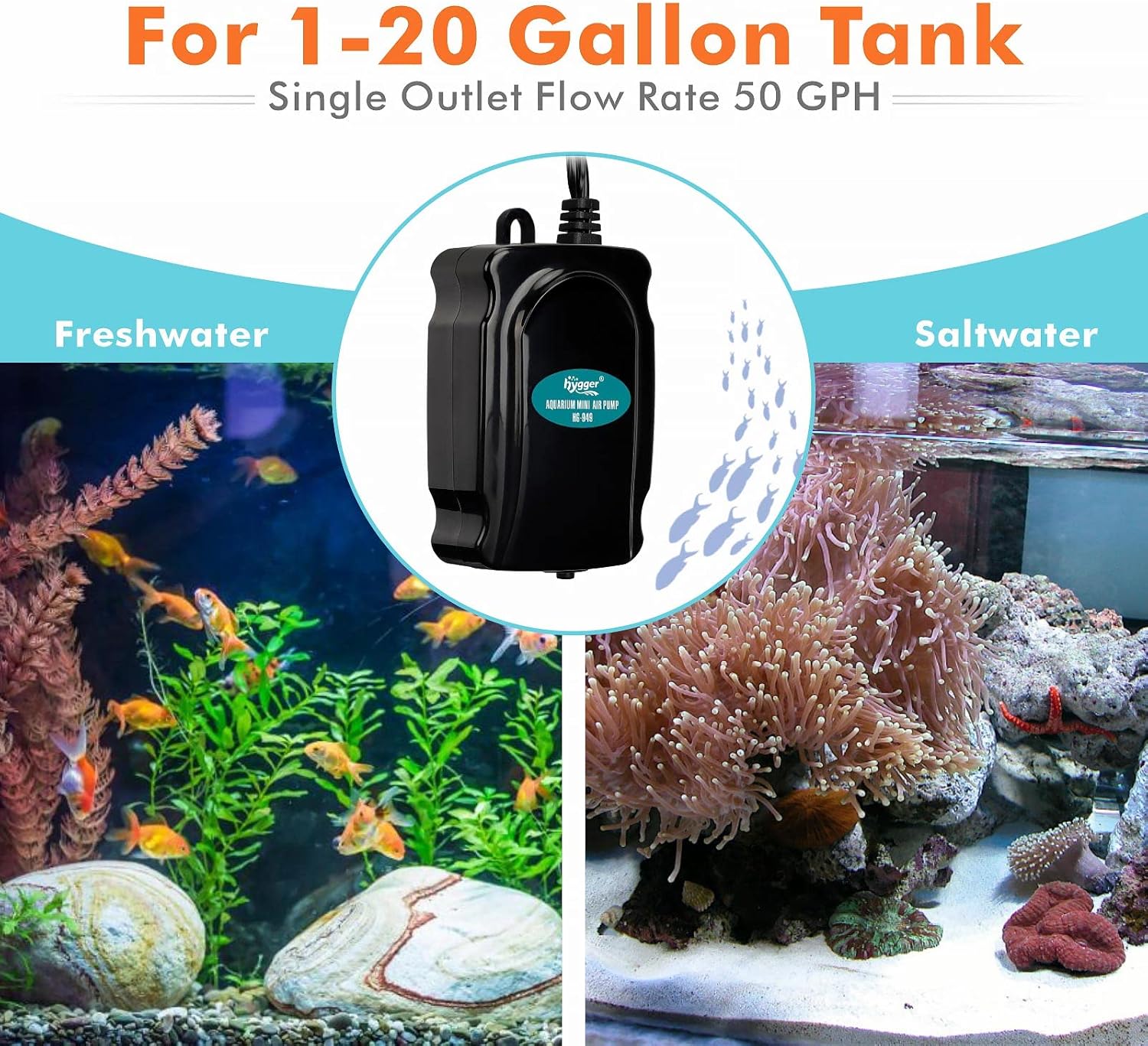 hygger Mini Aquarium Air Pump Kit Small Fish Tank Air Pump 1W for 5-20 Gallon Fish Bowl with Air Tube Air Bubbler Stone Check Valve