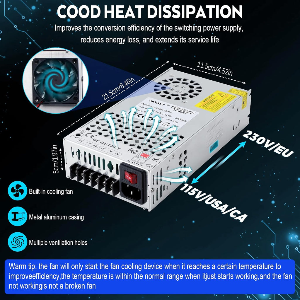 VAYALT 24V 25A 600W DC Switching Power Supply, Universal Regulated Switching AC 110V/220V to DC 24V Transformer, 24V Power Supply for Industrial, CCTV,Computer Project, LED Strip Light (No power Cord)