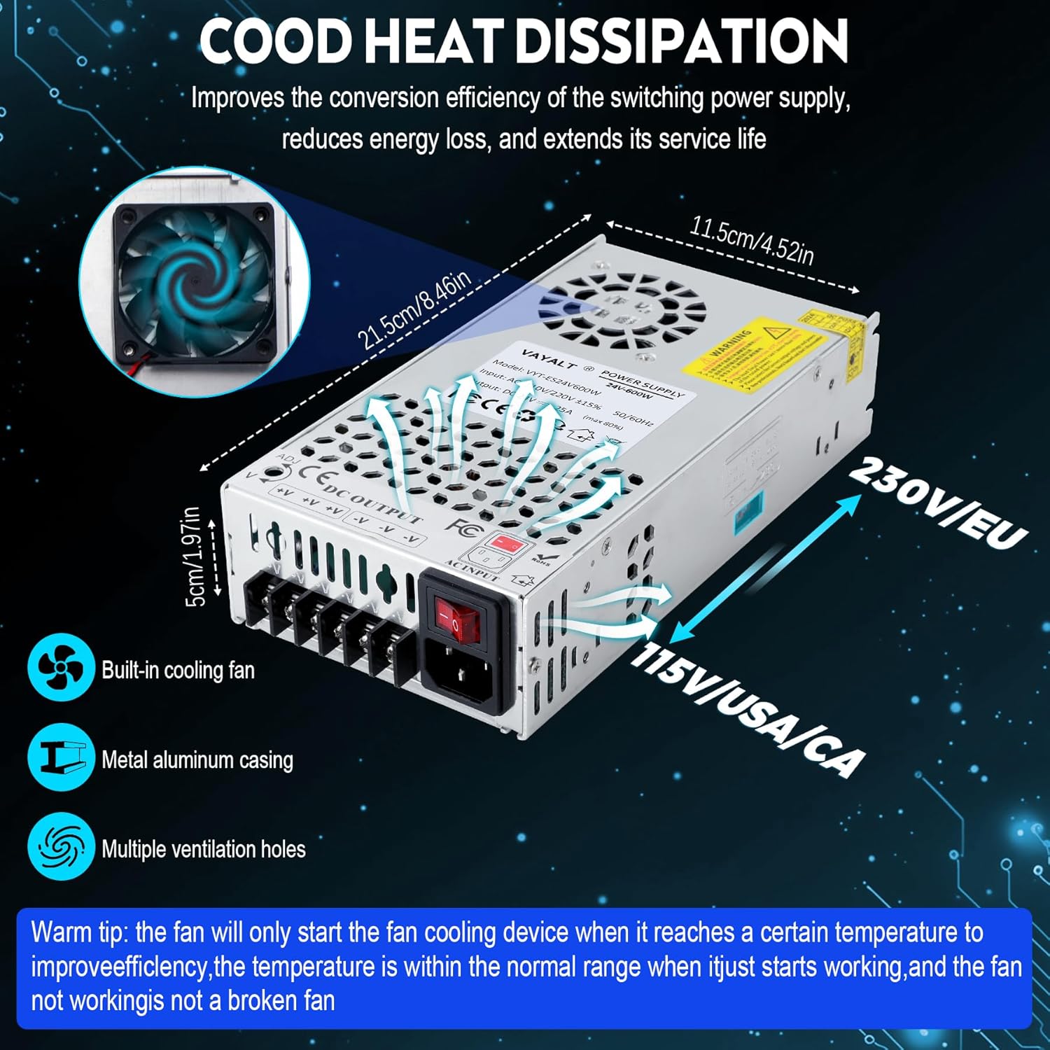 VAYALT 24V 25A 600W DC Switching Power Supply, Universal Regulated Switching AC 110V/220V to DC 24V Transformer, 24V Power Supply for Industrial, CCTV,Computer Project, LED Strip Light (No power Cord)