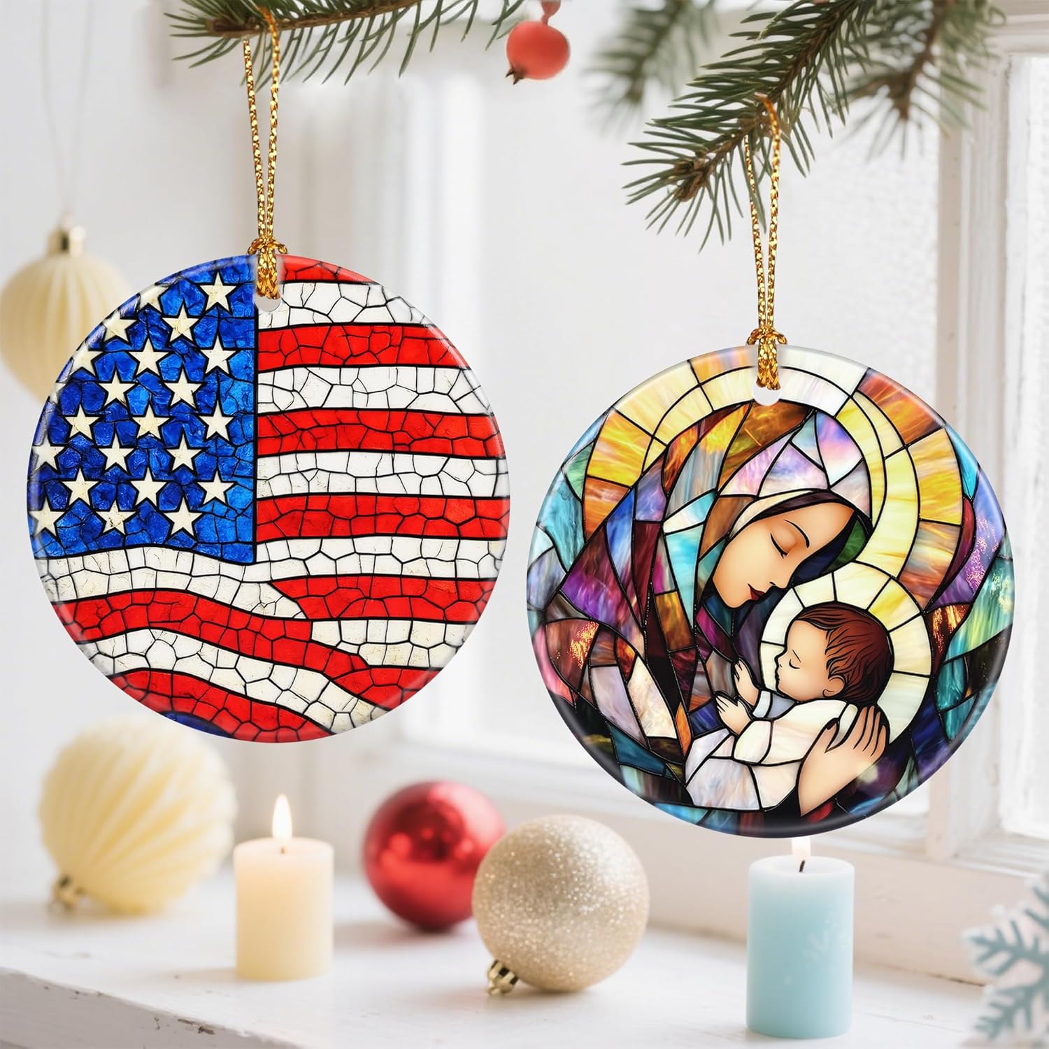 Ceramic-Style Christmas Tree Decorations, Christmas Ornaments, Double-Sided Printed Ornament Keepsakes, Holiday Decor. Xmas Gifts, Gifts for Flag Lovers - American Flag-Themed