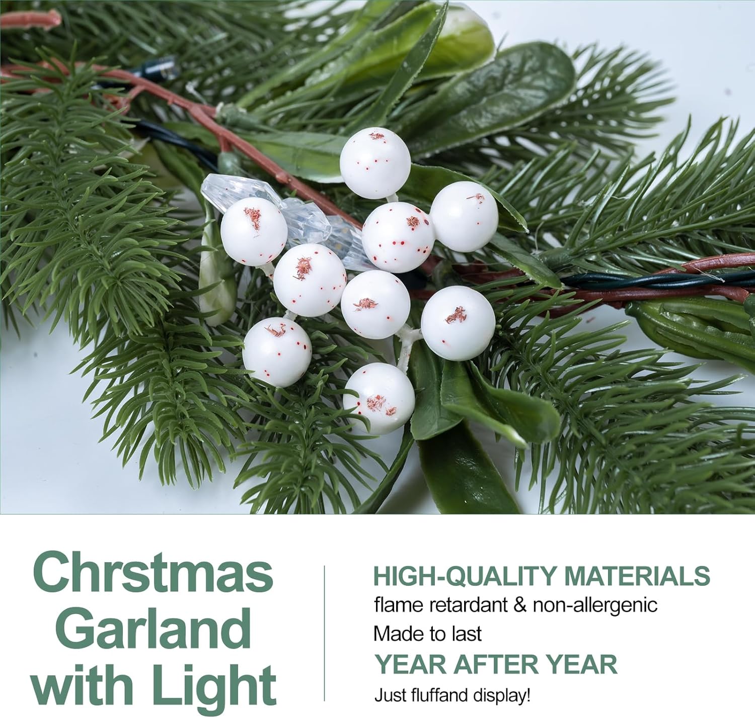 6.5FT Christmas Garland with Star Lights,Prelit Christmas Decorations,Lighted Garland with Battery Operated,Realistic olive & pine needles Greenery Home Decor for Mantle Fireplace Table Indoor Outdoor