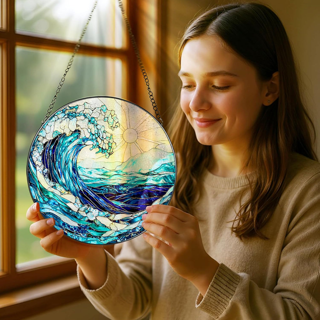 Stained Glass Window Hanging, 8 Inch Ocean Waves Stained Glass Suncatcher, Window Hanging Decor, Beach Decor, Ocean Suncatcher Gift, Beach Lover Gift, Gifts for Couples Friends Family