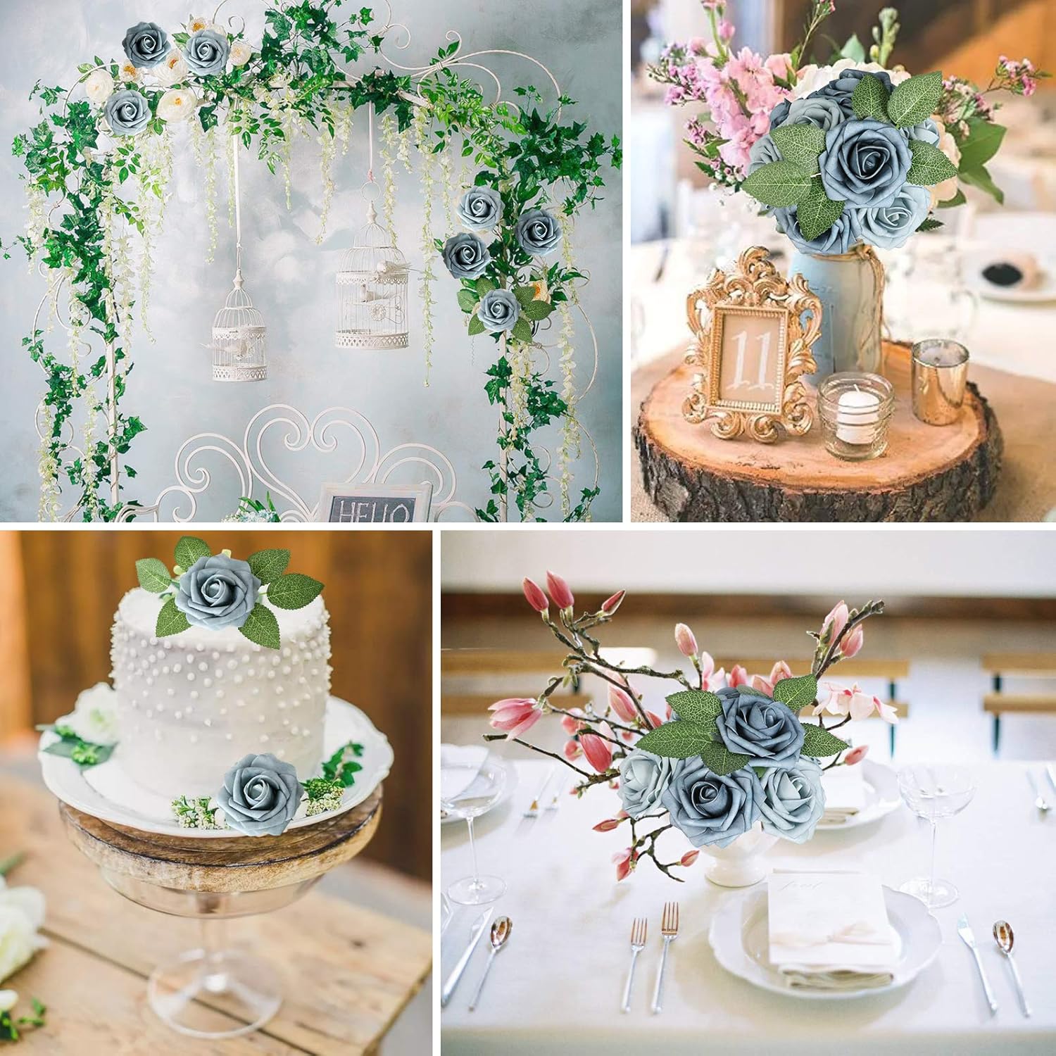 AmyHomie Artificial Flower Dusty Blue Shades Rose 25pcs Real Looking Fake Roses w/Stem for DIY Wedding Bouquets Centerpieces Arrangements Party Baby Shower Valentines Day Christmas Tree Decorations