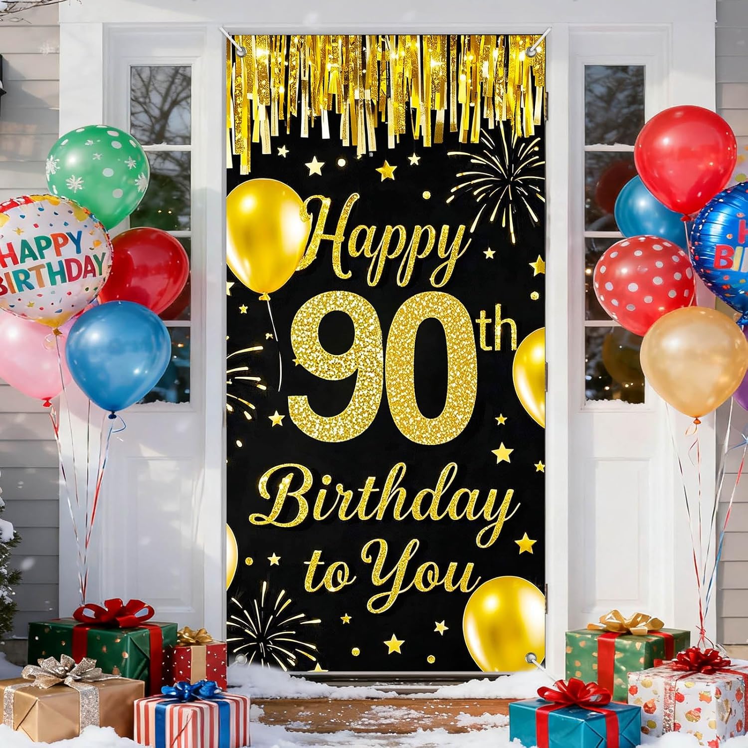 IVN 90th Birthday Door Cover 71x35 Inch Black Gold Birthday Banner for Party Decorations Balloons Stars Fireworks Backdrop Sign for Men Women Photo Booth Prop Wall Decor