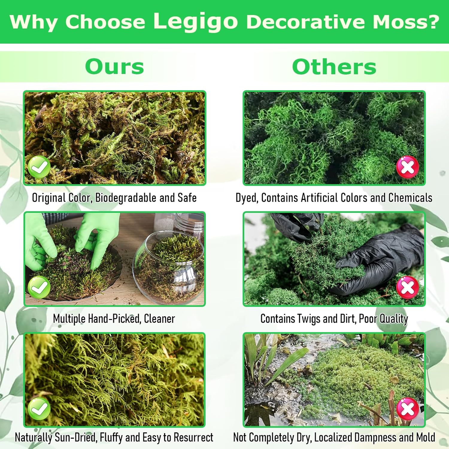 Legigo 2.6 LBS Green Moss for Crafts, Real Forest Moss for Plants Indoor, Table Decorative Centerpieces, Artificial Fairy Garden, Wedding Party Decor, Fake Potted Plants and DIY Craft Projects