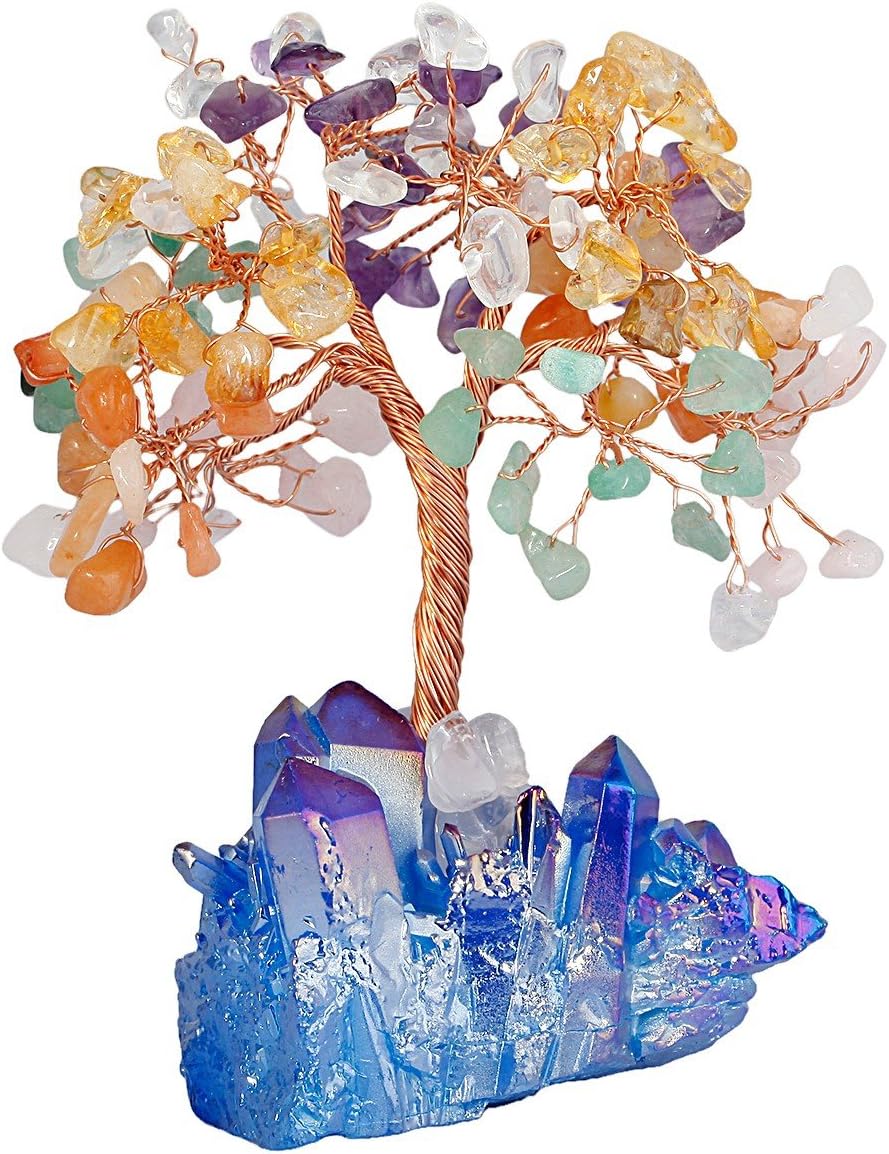 mookaitedecor Colorful Crystal Tree, Quartz Cluster Blue Titanium Crystals Base Bonsai Money Tree for Wealth and Luck