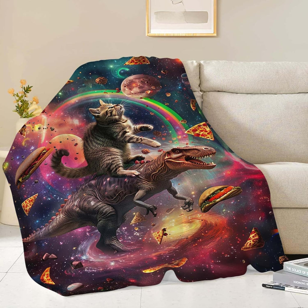 Dinosaur Cat Throw Blanket Funny Hamburger Pizza Dinosaur Cat Stuff Gifts for Kids Girls Boys Adults Women Man Soft Cozy Warm Plush Fluffy Fuzzy Fleece Blanket Decorr 40''X50''