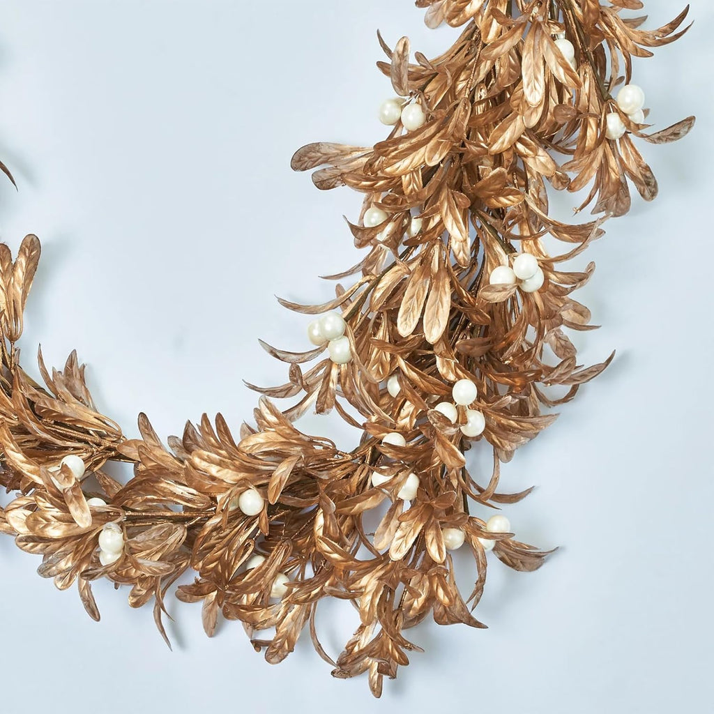 Dingion 12ft Christmas Gold Boxwood Leaf Garland Artificial Leaf Garland with Pearl White Berry for Christmas Fireplace Front Door Stairs Decoration Winter Engagement Birthday Wedding Party Supplies