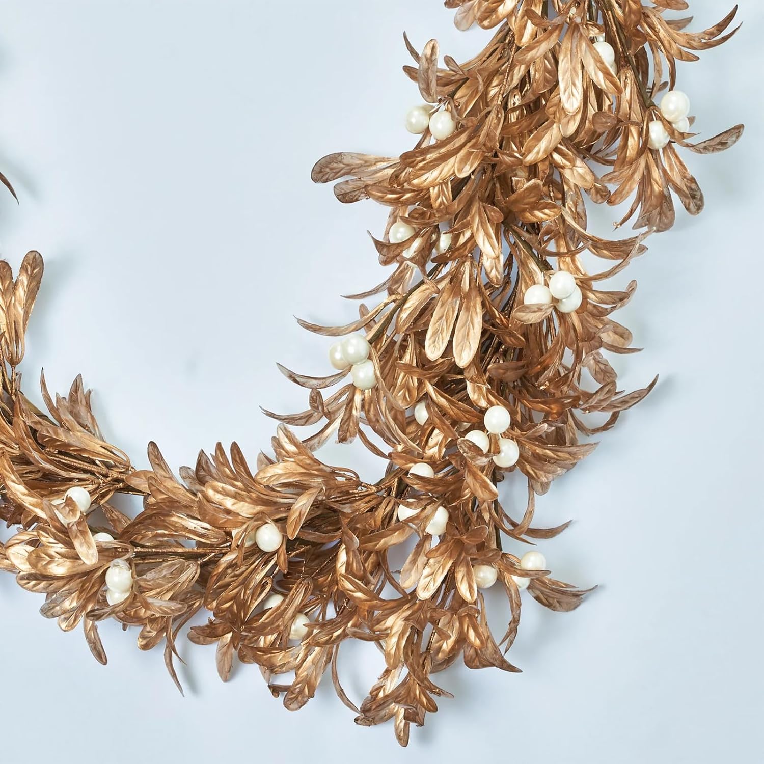 Dingion 12ft Christmas Gold Boxwood Leaf Garland Artificial Leaf Garland with Pearl White Berry for Christmas Fireplace Front Door Stairs Decoration Winter Engagement Birthday Wedding Party Supplies