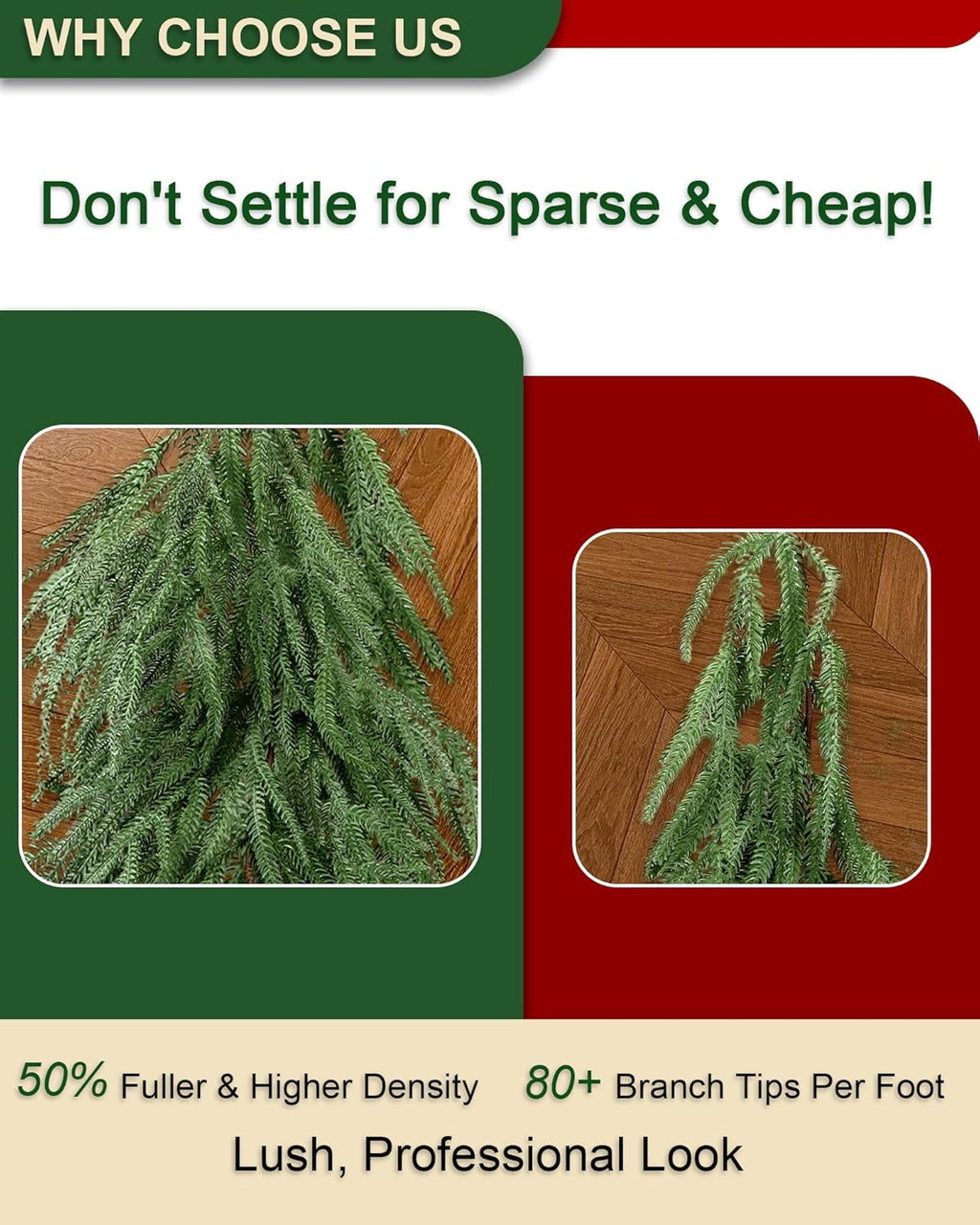 12FT (2 * 6FT) Artificial Christmas Garland, Real Touch Norfolk Pine Greenery Garland, Ultra Full & Lush Unlit Garland for Door, Mantle, Fireplace, Stair, Indoor Outdoor Xmas Decorations