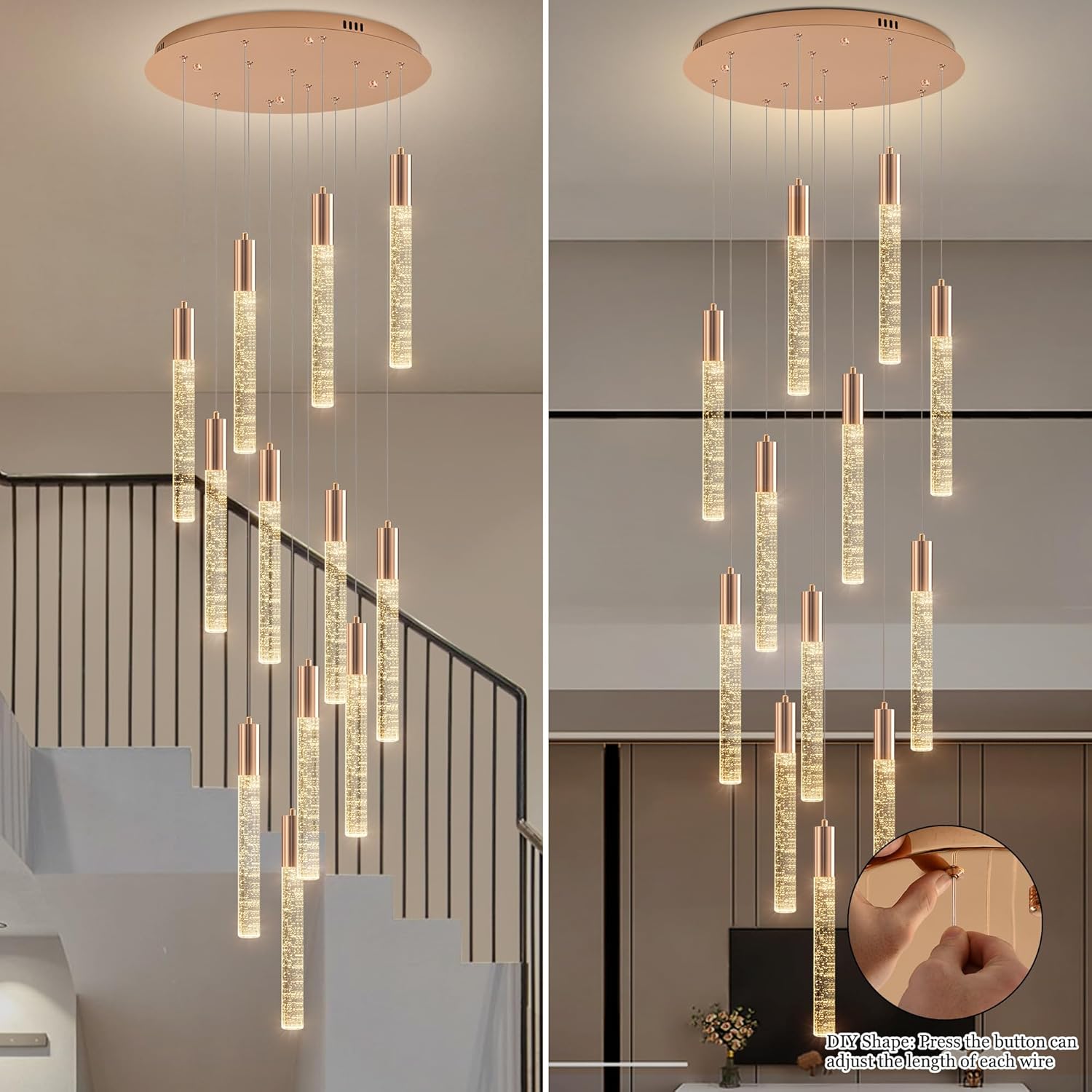 Modern High Ceiling Crystal Chandelier 12-Lights, Large Spiral LED Raindrop Foyer Pendant Lighting, Bubble Staircase Living Room Hanging Light Fixture Flush Mount Gold