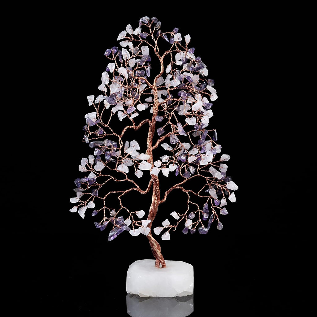 Amethyst & Rose Quartz Crystal Tree Gemstone Tree of Life Quartz Base Chakra Bonsai Tree for Room, Office Decor Spiritual Meditation Birthday Gift for Women Mom her Sister Housewarming Gifts Home
