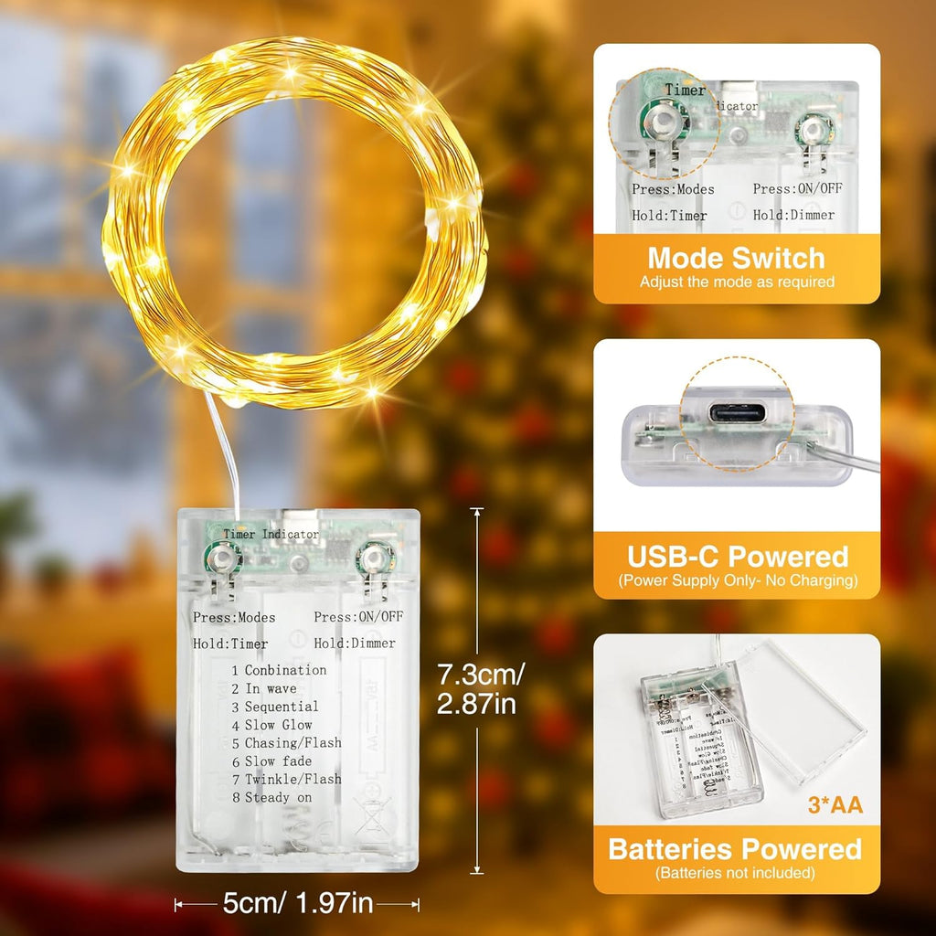 6 Pack 16FT 50 LED Fairy Lights Battery Operated with Timer, 8 Modes USB Mini Twinkle Light, Small String Lights for Christmas Tree Wreath Vase Bedroom DIY Wedding Decorations-Warm White