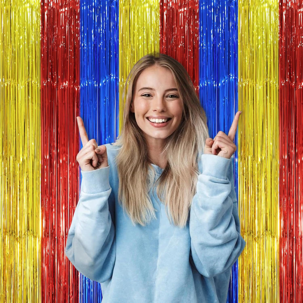2 Pack Blue Red Gold Foil Fringe Backdrop Curtains, Tinsel Streamers Party Decorations, Fringe Backdrop, Door Shimmer for Birthday Party