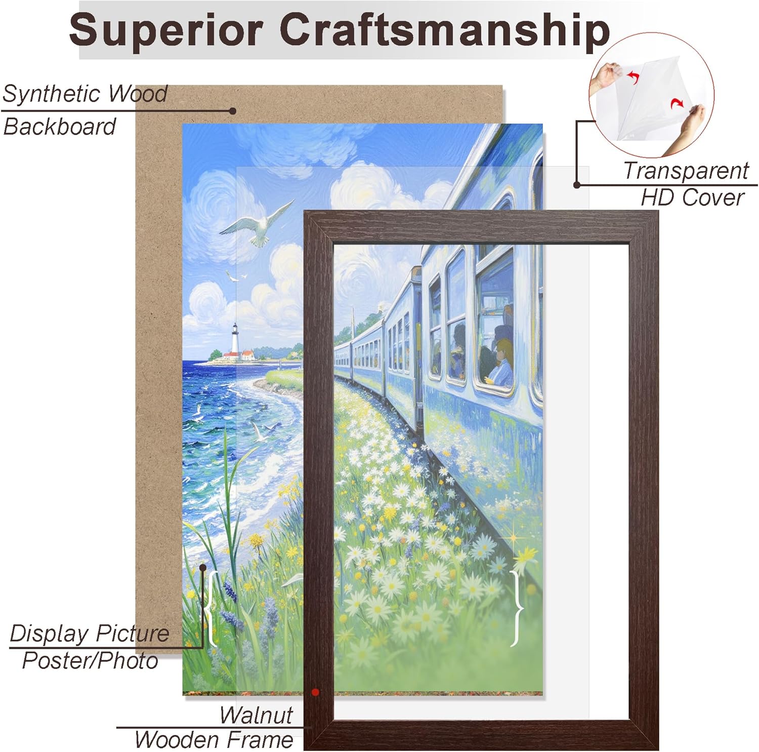 KTKDE 11x22 Poster Frame Woodgrain set of 3,11 by 22 Newspaper Frame with Polished Plexiglass,Studio Gallery Vertical & Horizontal Wall Hanging Large Picture Frame for Photos