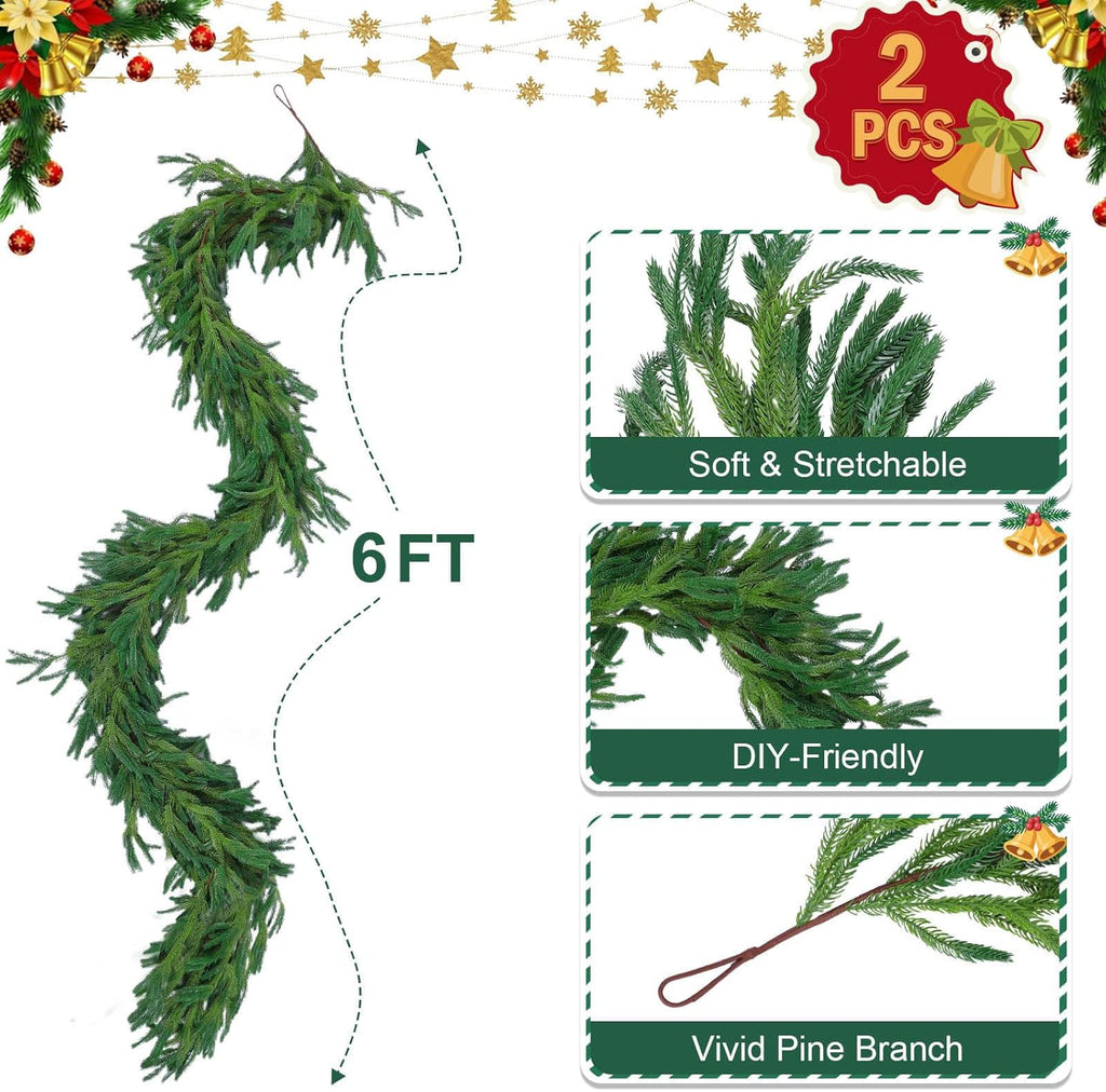 Hananona 2 Pcs 6 Ft Artificial Norfolk Pine Garlands, Realistic Pine Garland, Green Artificial Greenery Garland for Table, Mantle, Wall, Indoor, Outdoor Winter Christmas Decorations (2, 6 FT)