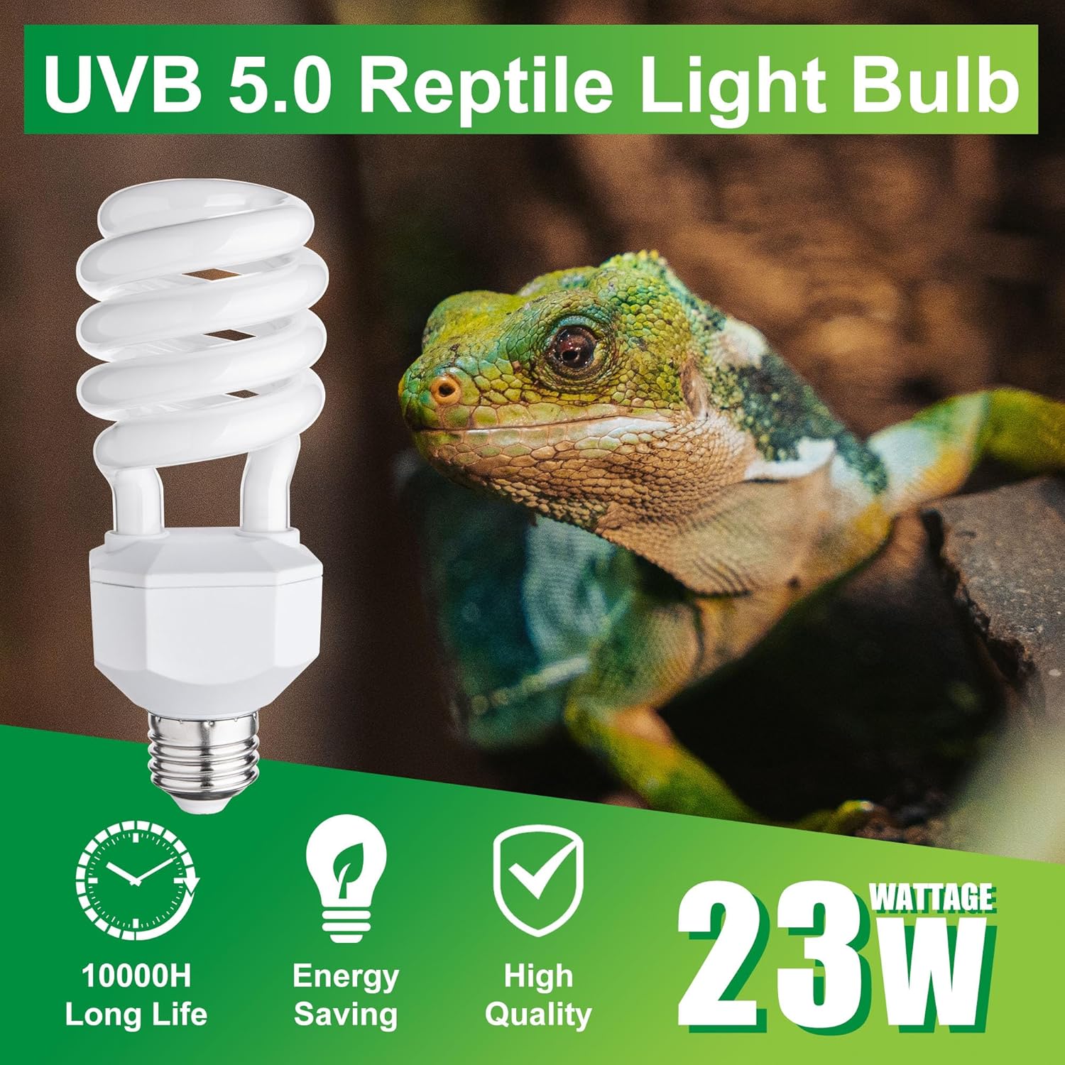 UVB Reptile Light Bulb 5.0, 23W UV Spiral Compact Florescent Terrarium Lamp Ideal for Tropical Reptiles Bearded Dragon Hermit Crab Turtle Leopard Gecko Tank Chameleons Iguanas Snake - 2 Pack