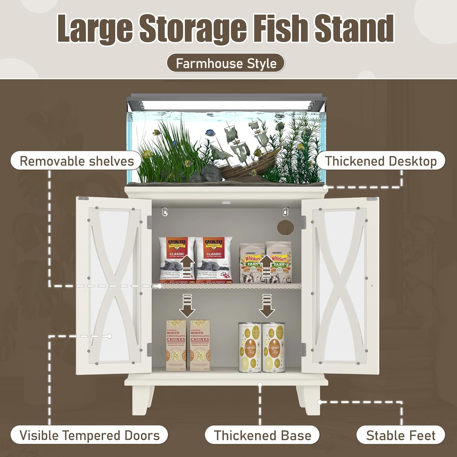 20 Gallon Fish Tank Stand with Power Outlets, Farmhouse Aquarium Stand with Cabinet Storage and Adjustable Shelves for Fish Tank, Reptile Terrarium, 298LBS Capacity, Beige
