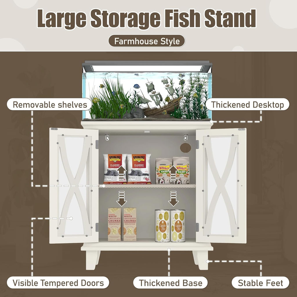 20 Gallon Fish Tank Stand with Power Outlets(4 AC 2 USB), Farmhouse Decorative Aquarium Stand Furniture with Adjustable Shelves, 10-20 Gallon Reptile Turtle Tank Stand with Cabinet Storage (Beige)