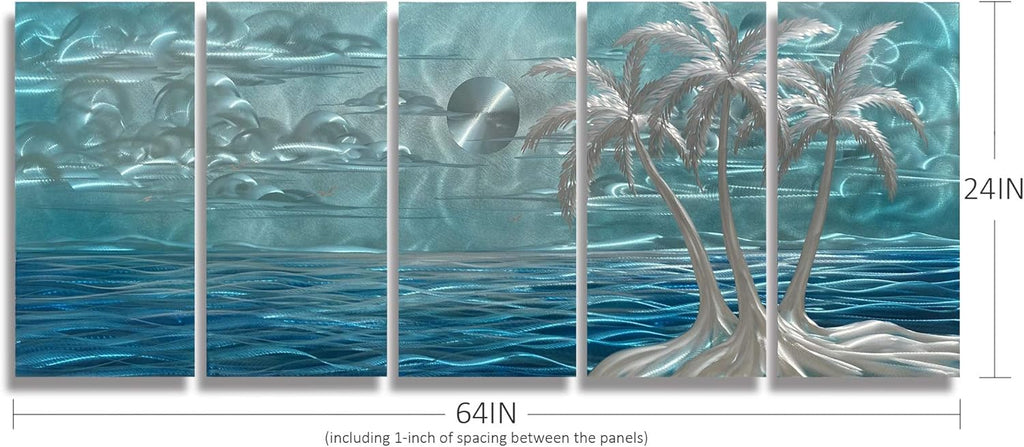 BATRENDY ARTS Blue Metal Tree Wall Art Silver Coconut Palm by the Sea Hand-polished Tropical Artwork Accent Contemporary Bedroom Decor Hangings