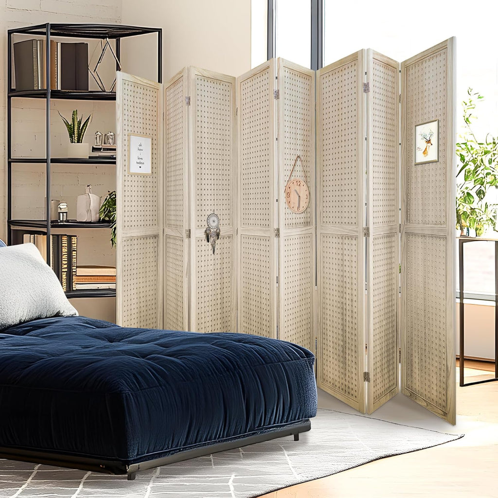 8 Panel Room Dividers 5.6FT Wall Divider with Freestanding Peg Board Display Wooden Folding Privacy Screen Foldable Partition Wall for Studio Apartment, Living Room, Natural Wood