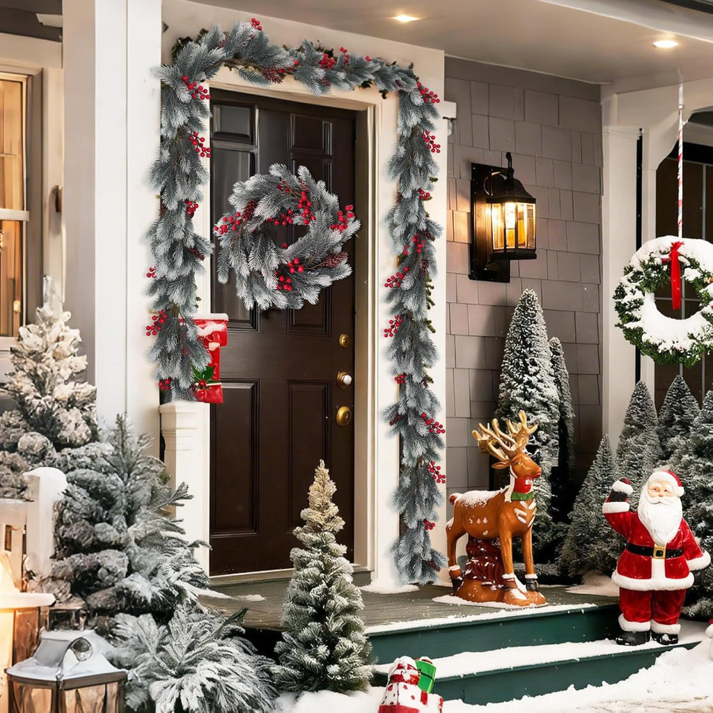 SJL 4.6Ft Faux Christmas Garland Decorations Pine Garland with Pine Cones and Red Berries Realistic Greenery Garlands for Mantle Stairs Railing Table Fireplace Indoor Outdoor Holiday Xmas Decor(White)