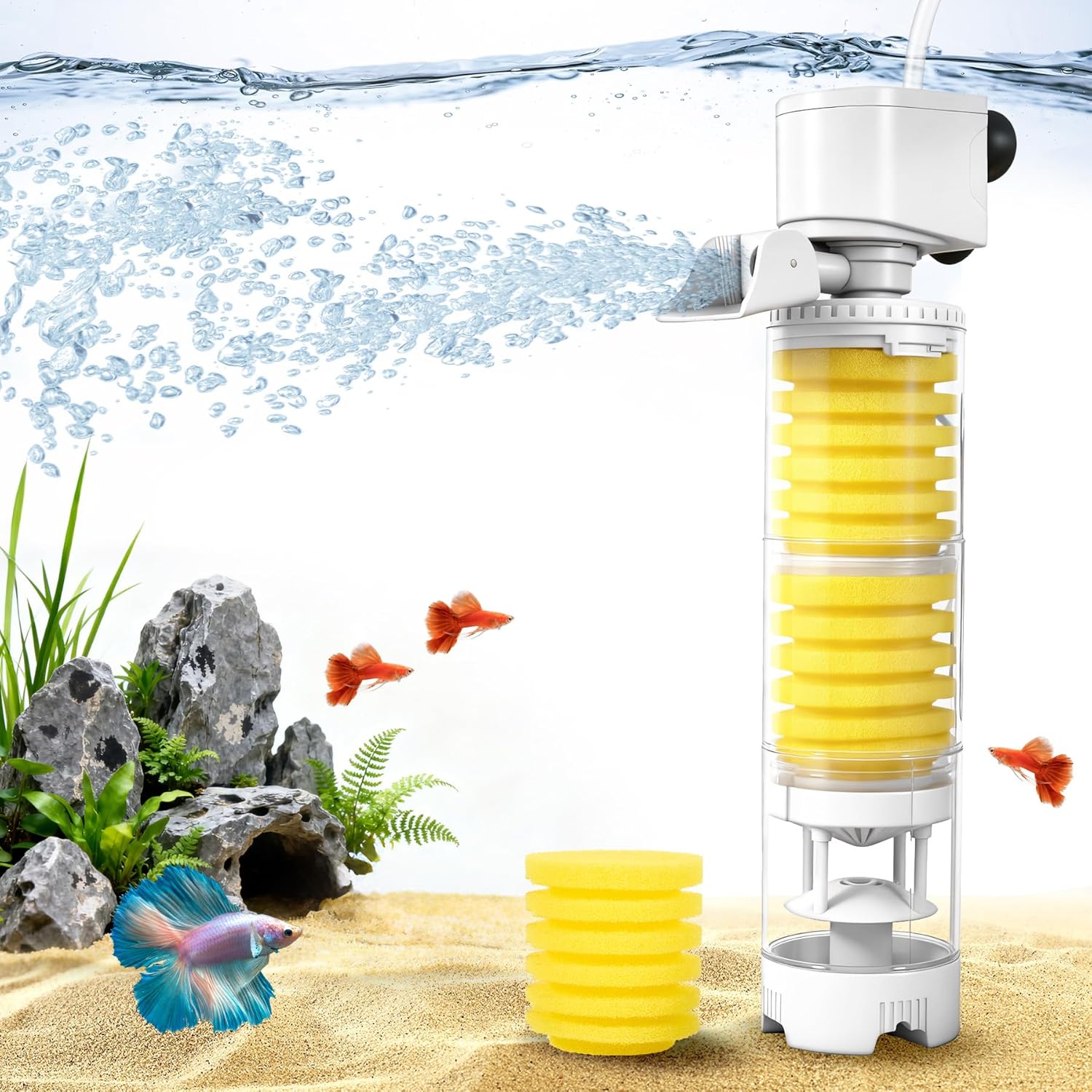 Fish Tank Filters, 4-in-1 Aquarium Filter for Multi-Layer Filtration, Adjustable Oxygenation & Wavemaker, Ultra-Quiet Water Circulation for 40-70 Gallon Aquariums, 225GPH
