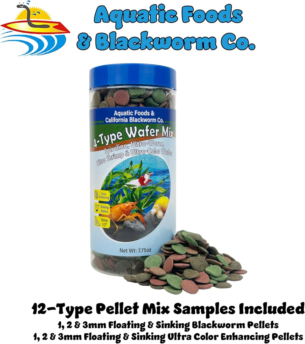 Aquatic Foods Inc. 4-Type 12mm - 1/2" Sinking Wafer Mix of Spirulina-Algae, Ultra-Worm, Shrimp, Color Enhancing for Shrimp, Snails, Crayfish, Bottom Fish, 12-Type Pellets Included...11.5oz Canister