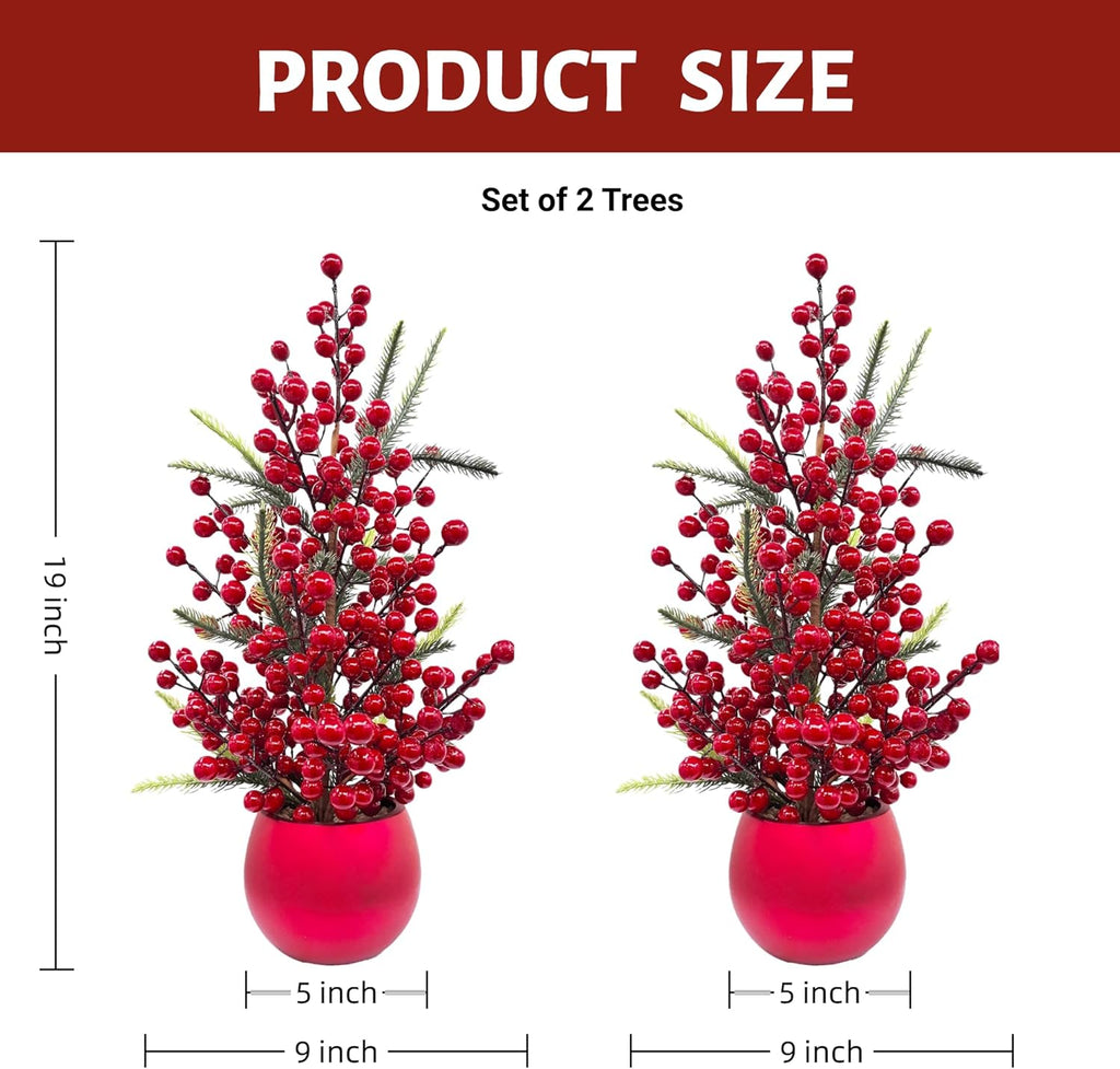 Set of 2 Small Artificial Christmas Berry Trees, 19 Inch Tabletop Holiday Decorations – Red Berry & Pine Mini Christmas Trees with Decorative Pot for Home, Office, Fireplace, Dining Table Winter Décor