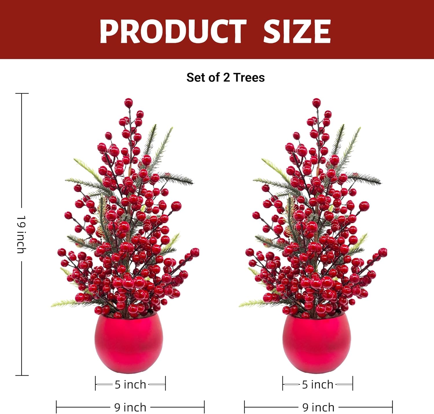 Set of 2 Small Artificial Christmas Berry Trees, 19 Inch Tabletop Holiday Decorations – Red Berry & Pine Mini Christmas Trees with Decorative Pot for Home, Office, Fireplace, Dining Table Winter Décor