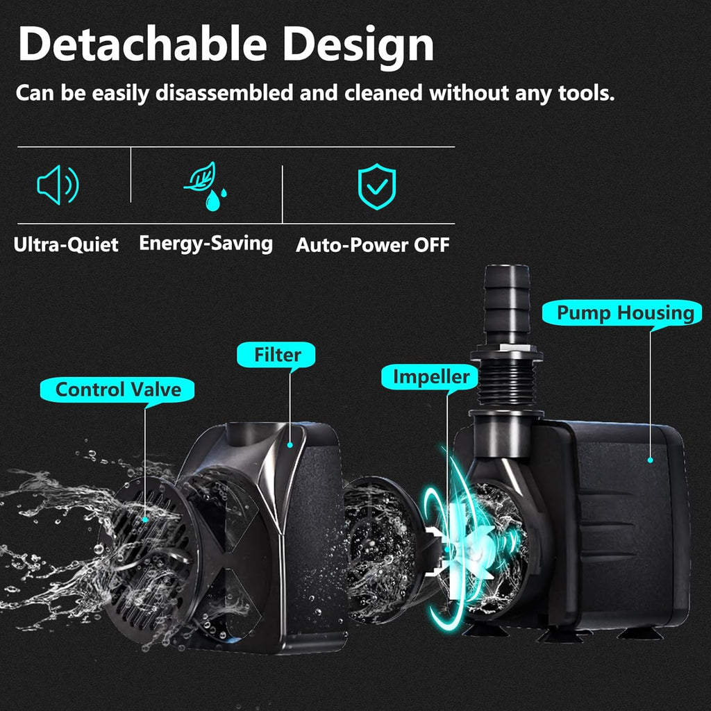 400GPH Auto-Shut-OFF Submersible Pond Pump (1500L/H 25W) Ultra Quiet Fountain Water Pump with 6.5ft High Lift, 3 Nozzles for Aquarium, Fish Tank, Pond, Hydroponics, Statuary,Water Feature.