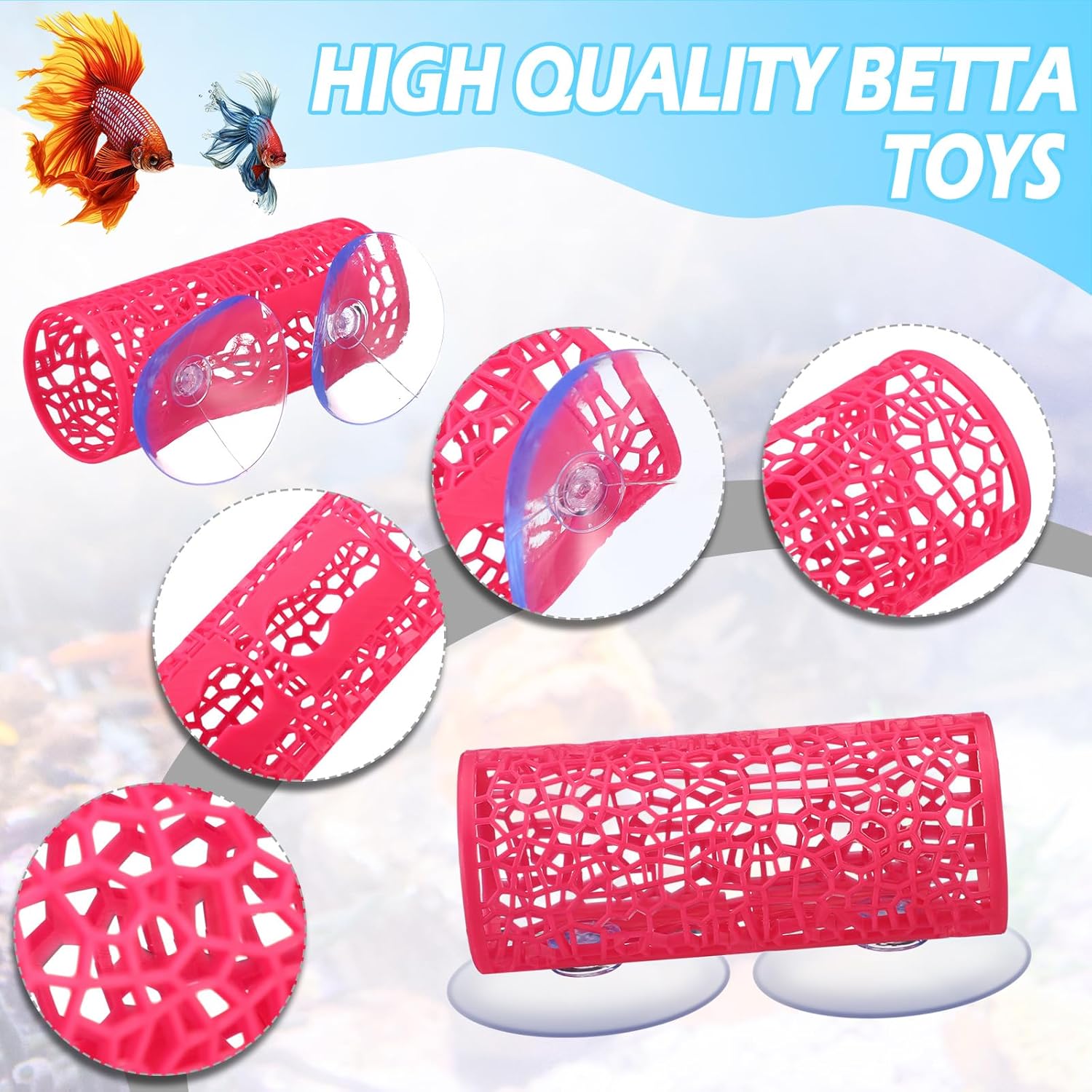 Honeydak 2 Pcs Betta Fish Tank Accessories Betta Tunnel Fish Toys Safe Hollow Hammock Cave Aquarium Decor with Suction Cups for Small Shrimp Reptile Guppies(Pink,Hideout Tube)