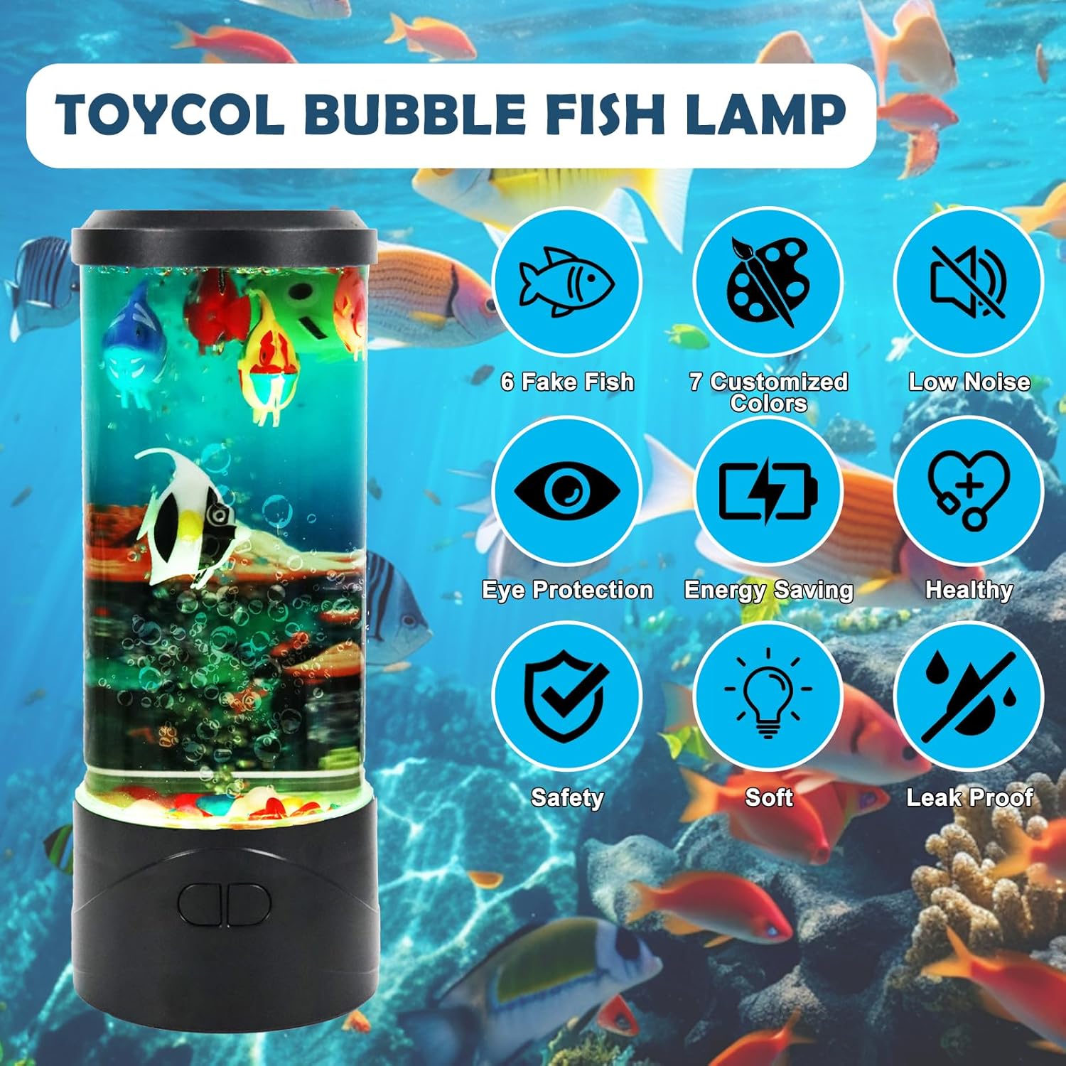 Toycol Bubble Aquarium Lamp | Fish Lamp Kit with 6 Fake Swimming Fish | Sensory Night Light with Energy-Safe USB Powered | 7 Color Changing Mood Light for Kids Bedroom, Desk, Office Decor and Gifts